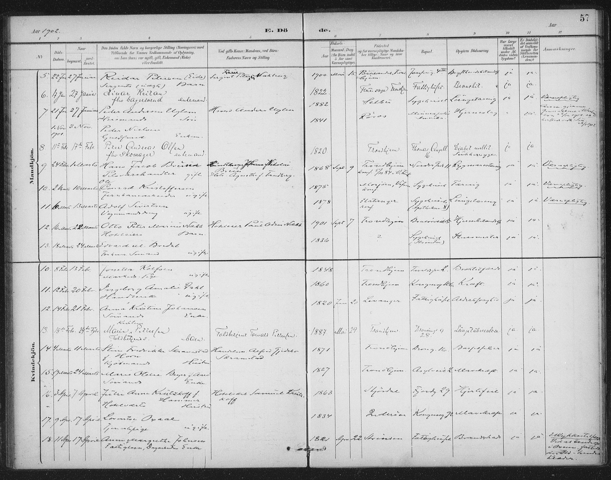 Ministerialprotokoller, klokkerbøker og fødselsregistre - Sør-Trøndelag, SAT/A-1456/602/L0123: Parish register (official) no. 602A21, 1895-1910, p. 57