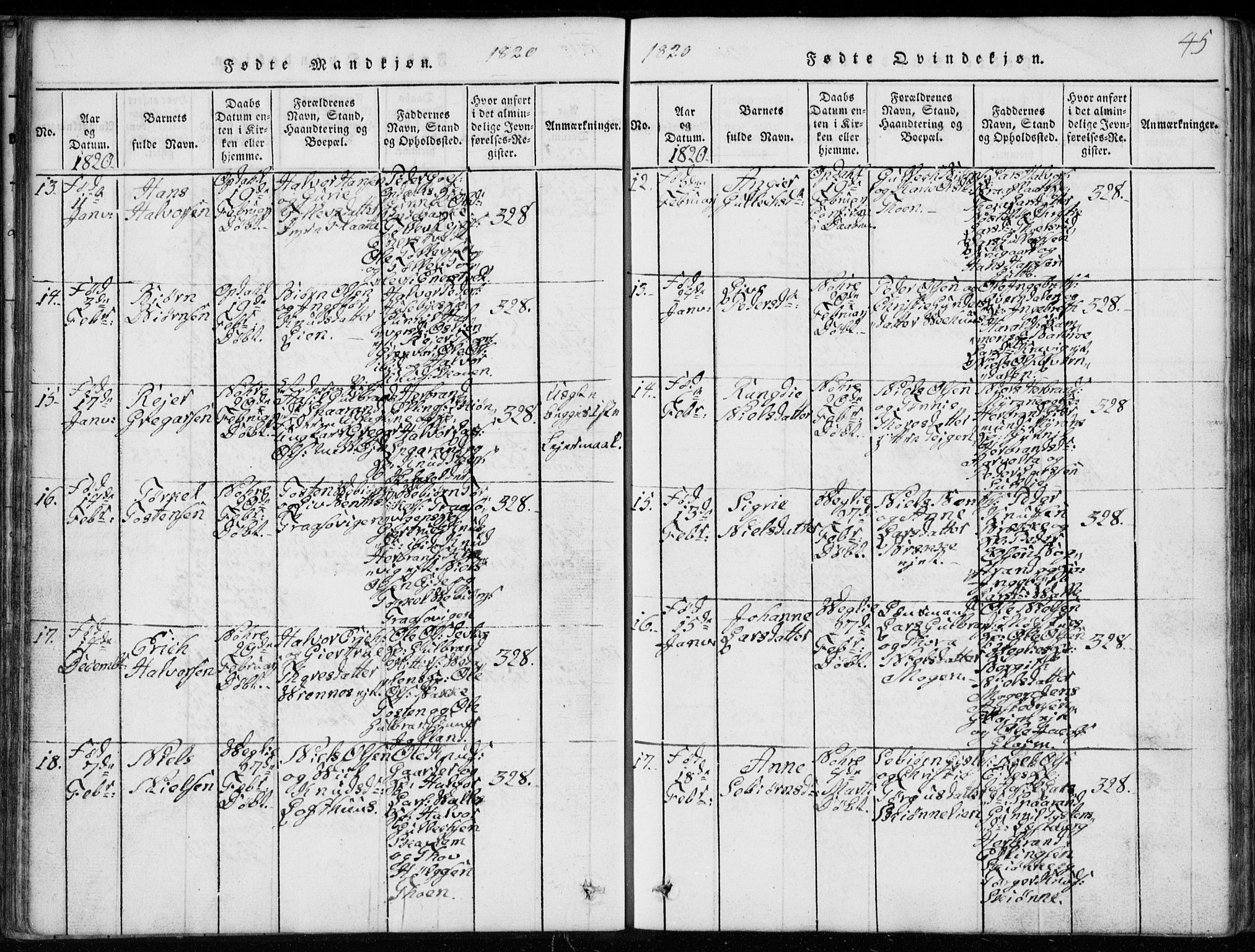 Rollag kirkebøker, SAKO/A-240/G/Ga/L0001: Parish register (copy) no. I 1, 1814-1831, p. 45