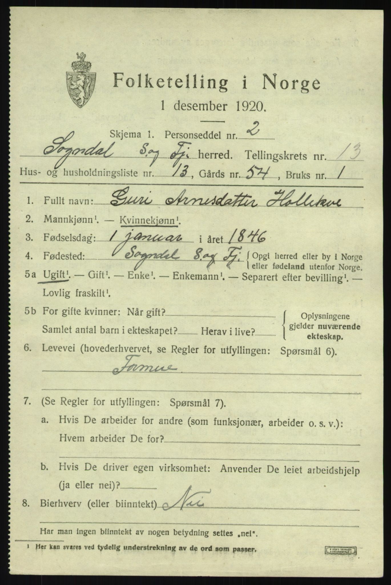 SAB, 1920 census for Sogndal, 1920, p. 5583