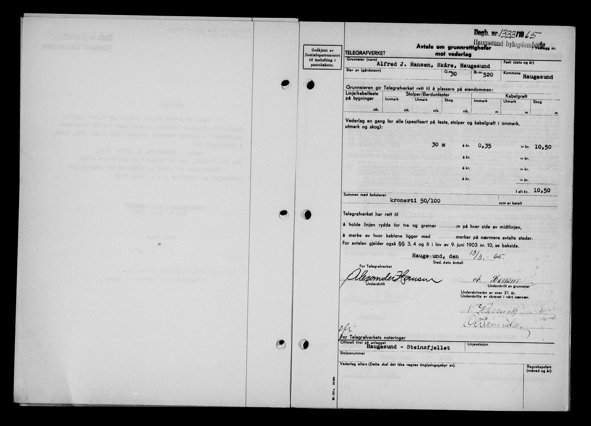 Haugesund tingrett, AV/SAST-A-101415/01/II/IIC/L0076: Mortgage book no. A 17, 1965-1966, Diary no: : 1333/1965