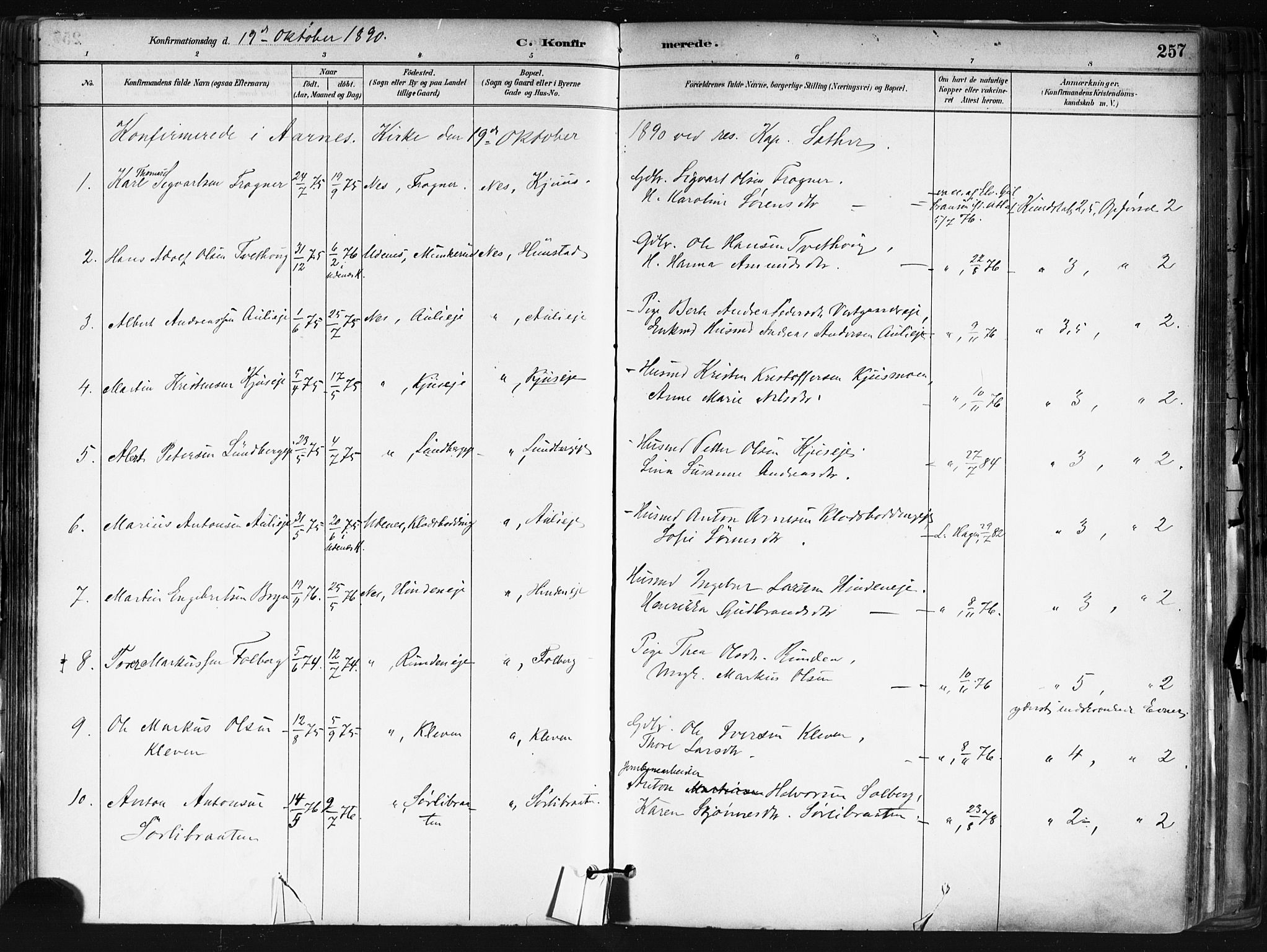 Nes prestekontor Kirkebøker, AV/SAO-A-10410/F/Fa/L0010: Parish register (official) no. I 10, 1883-1898, p. 257