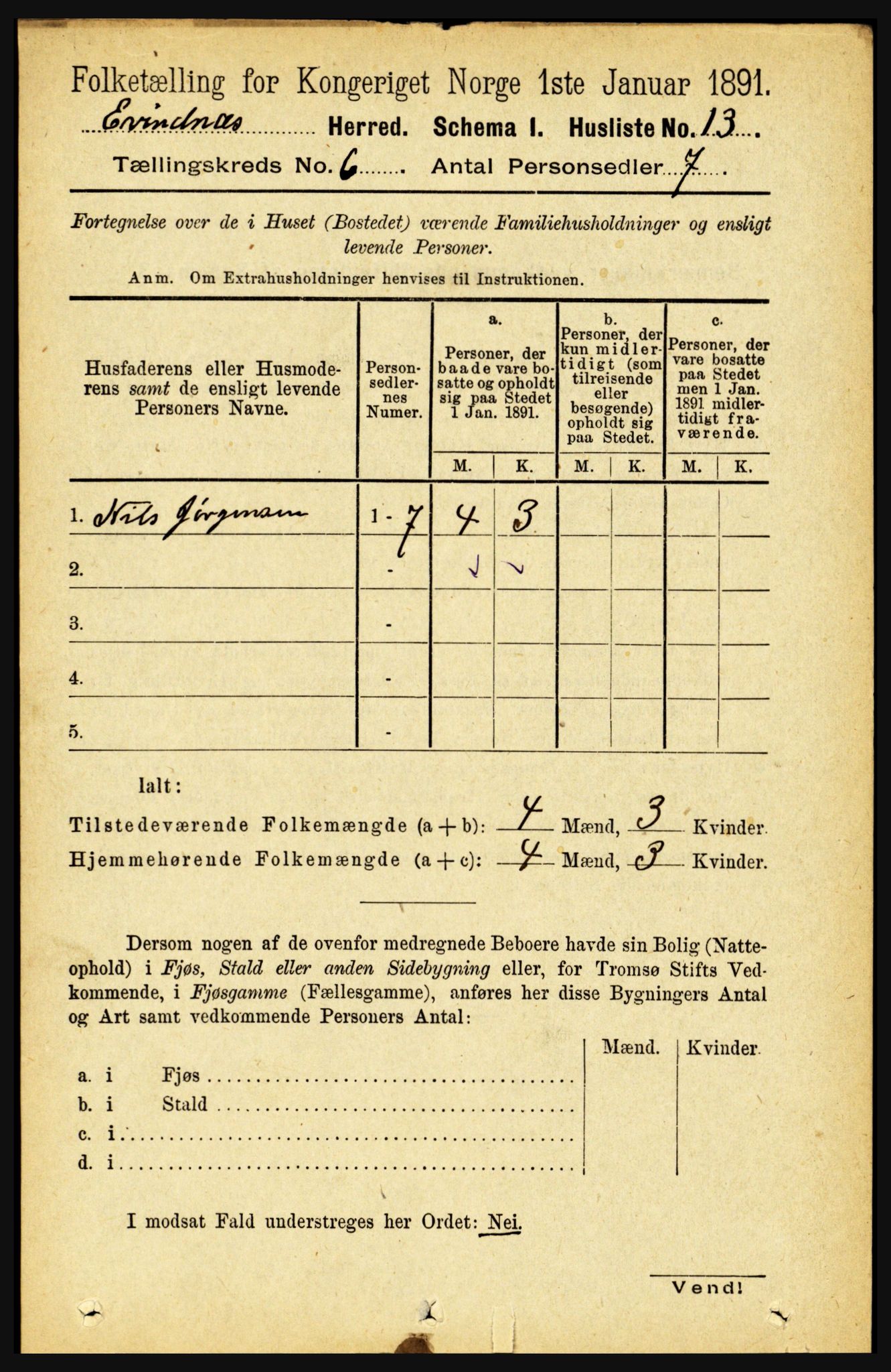 RA, 1891 census for 1853 Evenes, 1891, p. 1897