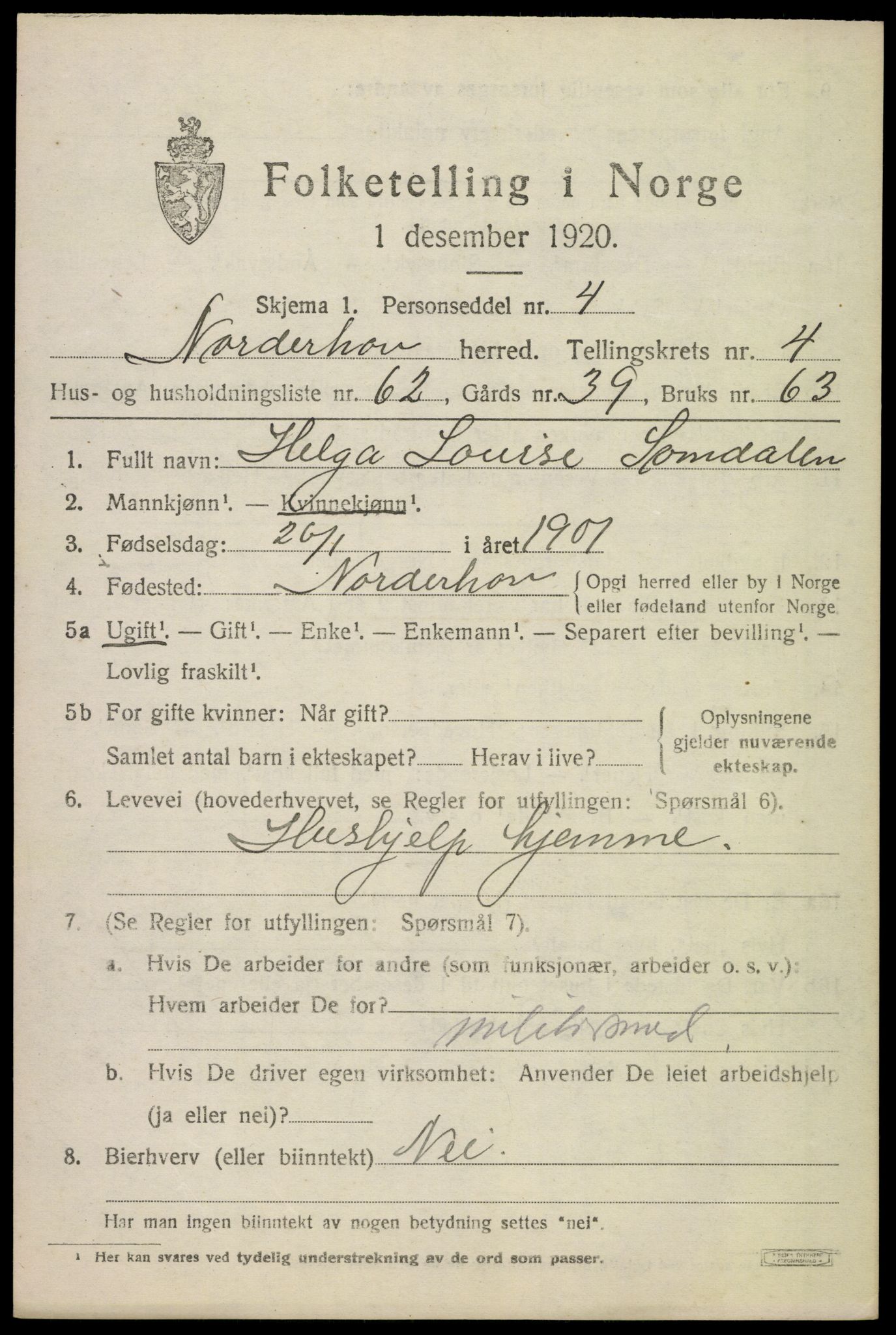 SAKO, 1920 census for Norderhov, 1920, p. 7047