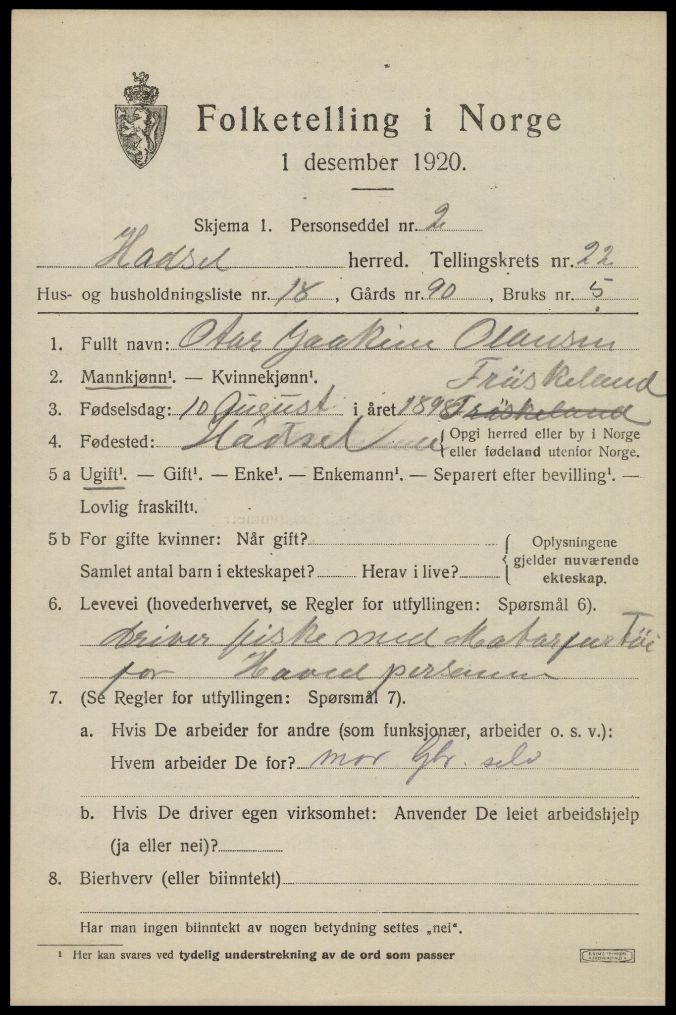 SAT, 1920 census for Hadsel, 1920, p. 20128