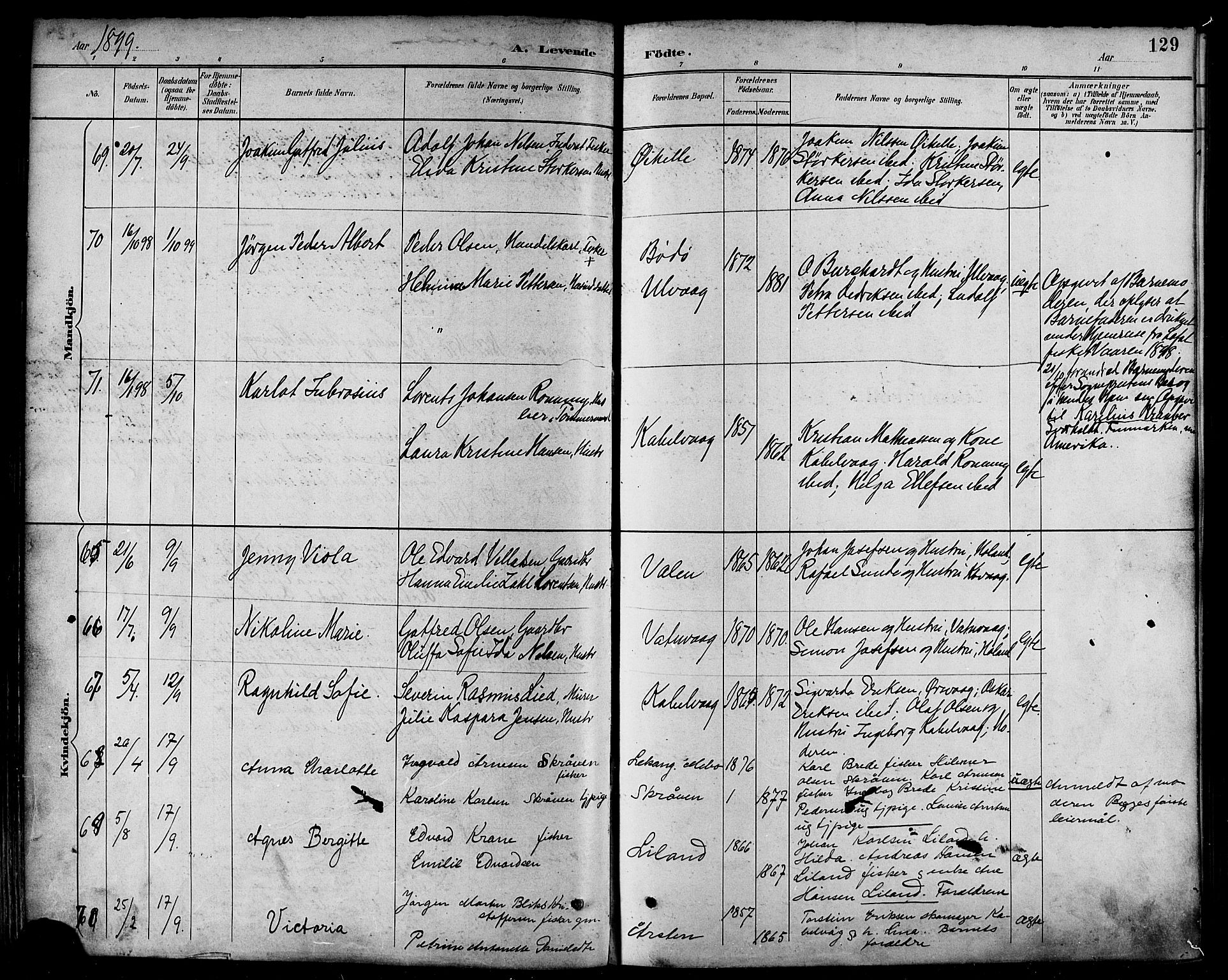 Ministerialprotokoller, klokkerbøker og fødselsregistre - Nordland, SAT/A-1459/874/L1060: Parish register (official) no. 874A04, 1890-1899, p. 129