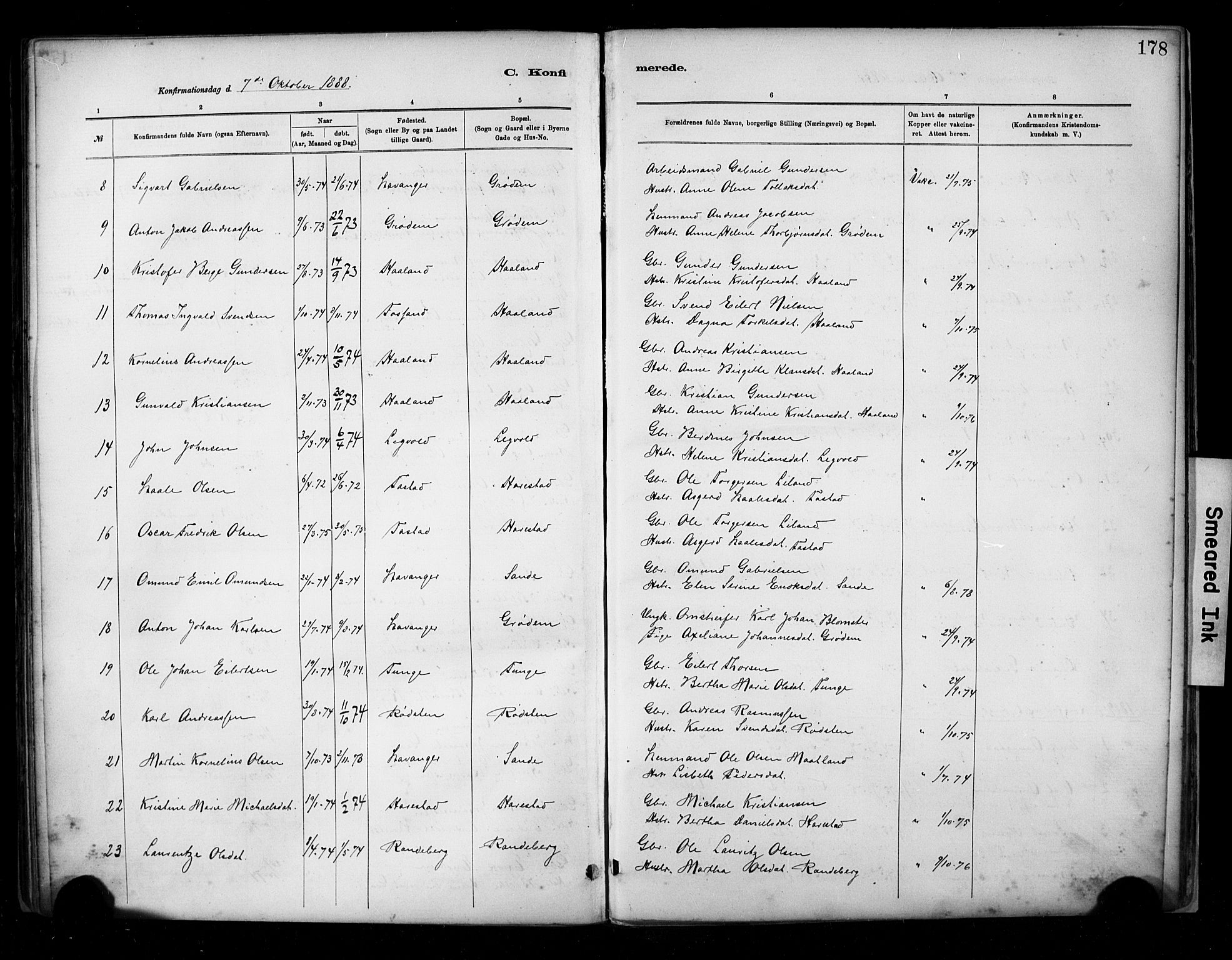 Hetland sokneprestkontor, SAST/A-101826/30/30BA/L0009: Parish register (official) no. A 9, 1882-1918, p. 178