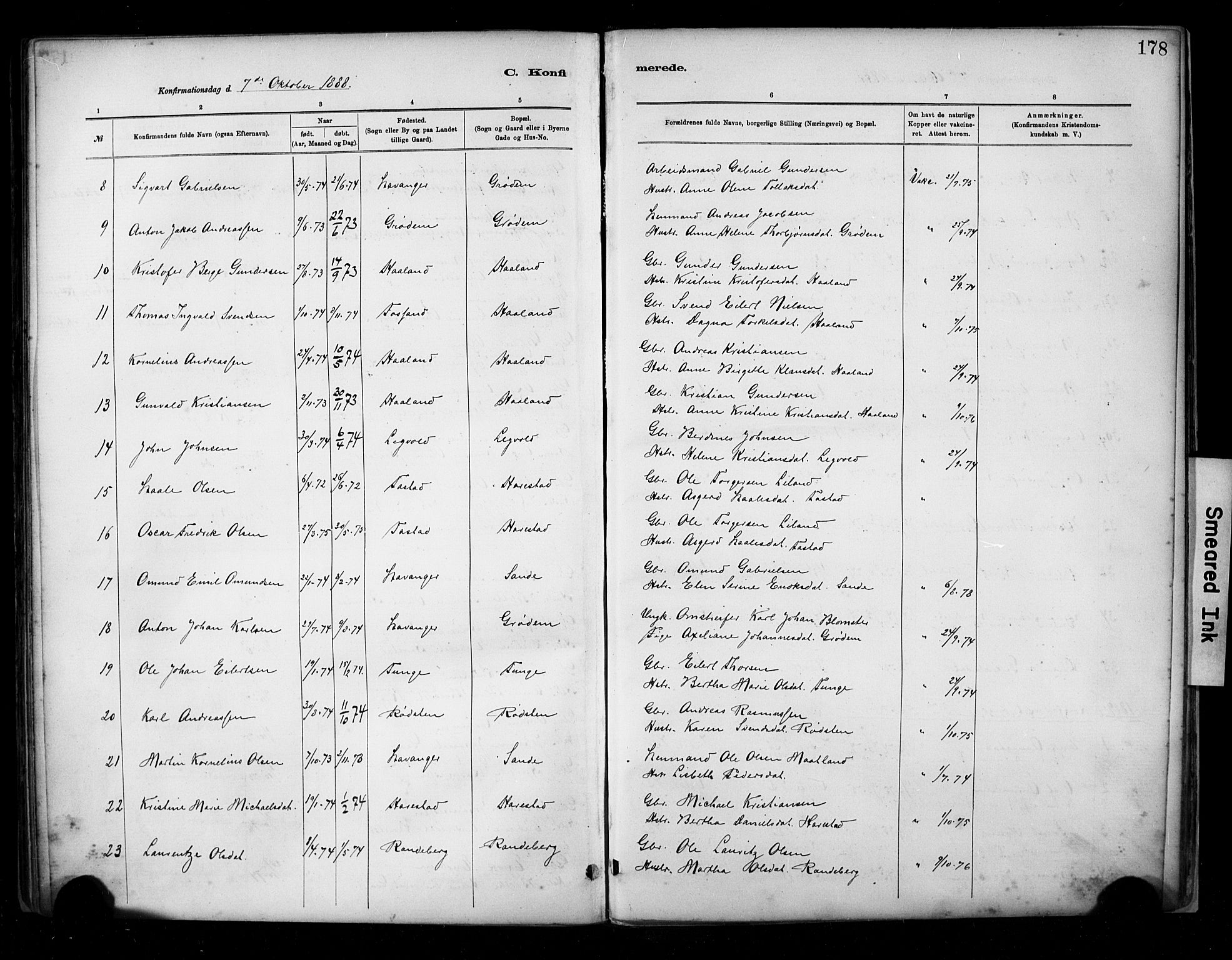 Hetland sokneprestkontor, AV/SAST-A-101826/30/30BA/L0009: Parish register (official) no. A 9, 1882-1918, p. 178