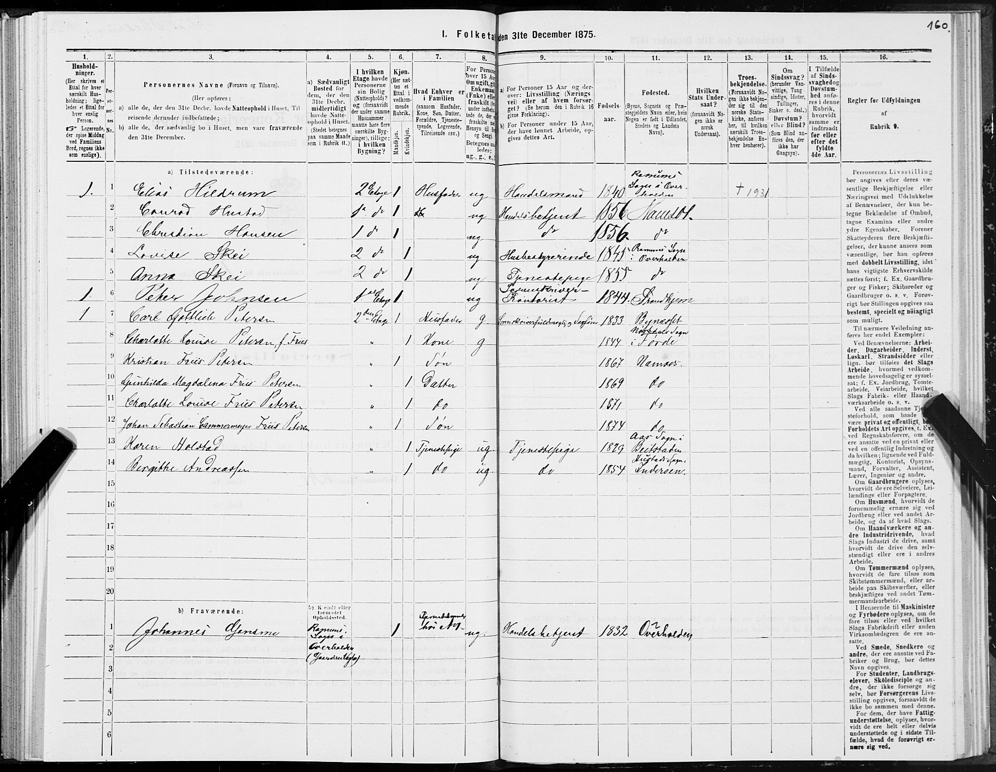SAT, 1875 census for 1703B Namsos/Namsos, 1875, p. 160