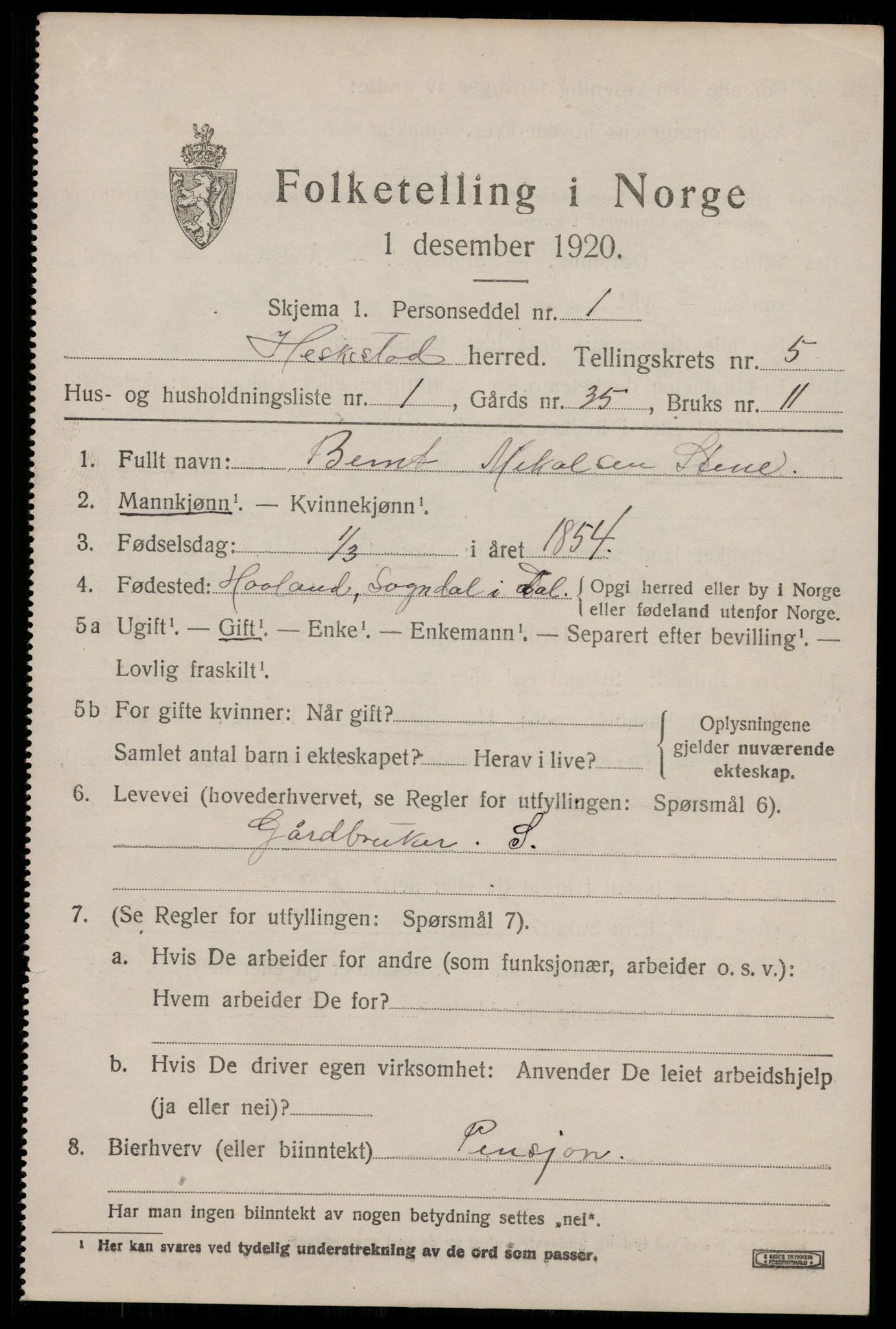 SAST, 1920 census for Heskestad, 1920, p. 1829