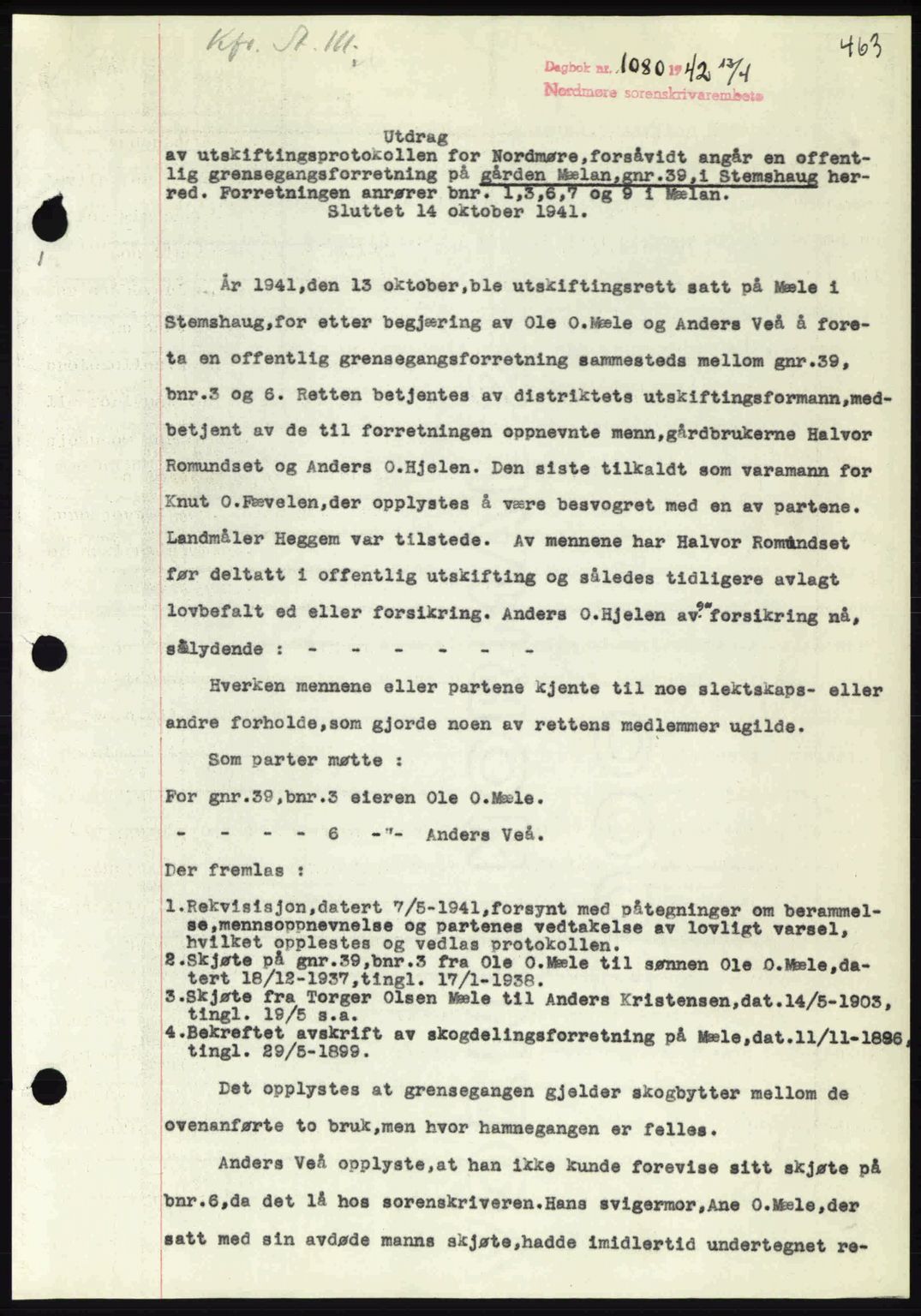 Nordmøre sorenskriveri, AV/SAT-A-4132/1/2/2Ca: Mortgage book no. A92, 1942-1942, Diary no: : 1080/1942