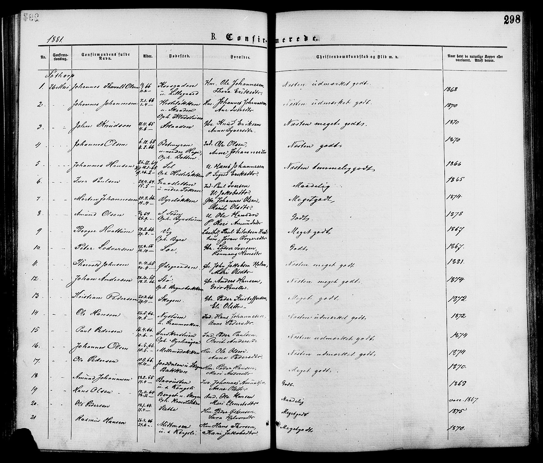 Nord-Fron prestekontor, AV/SAH-PREST-080/H/Ha/Haa/L0002: Parish register (official) no. 2, 1865-1883, p. 298