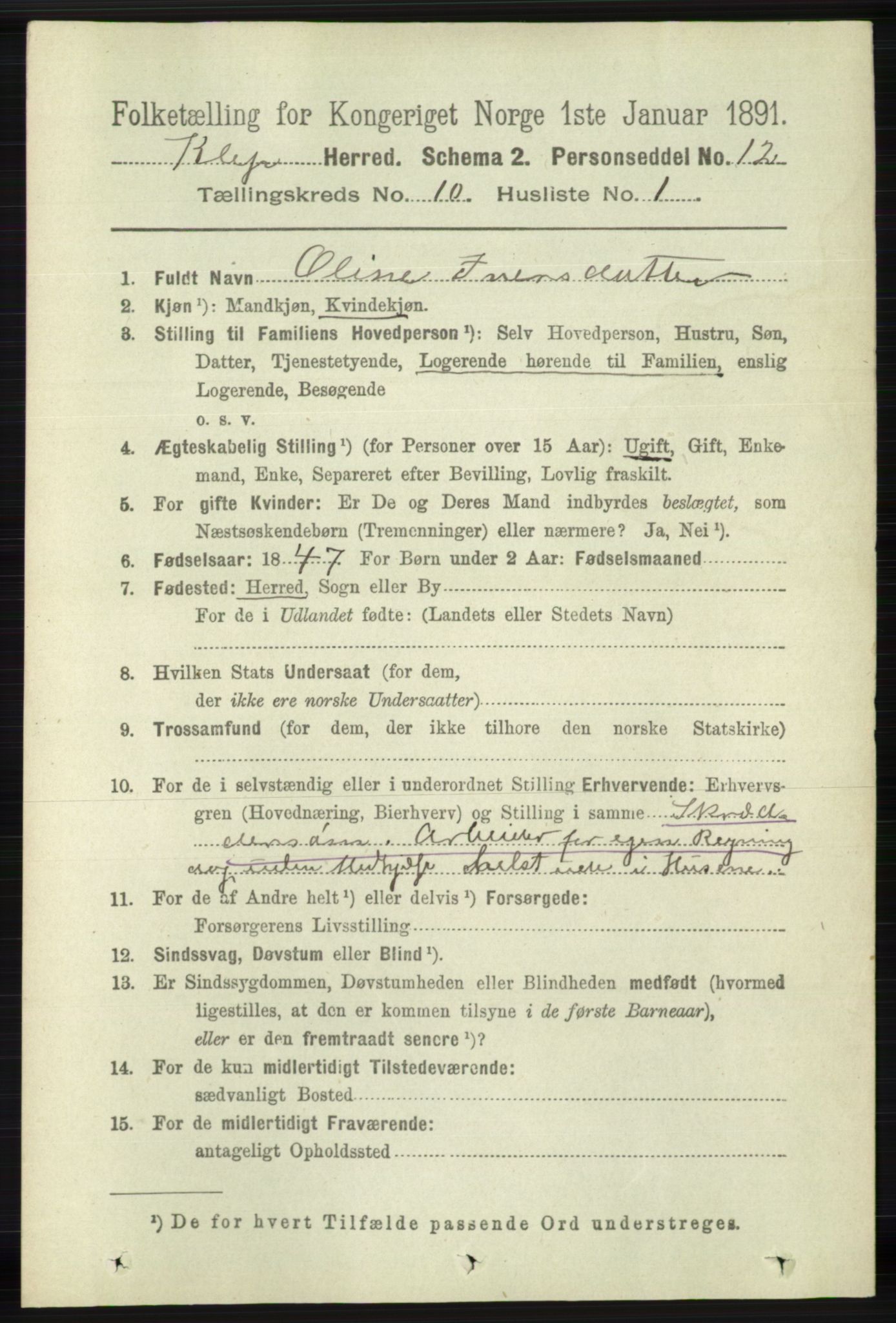 RA, 1891 census for 1120 Klepp, 1891, p. 2863