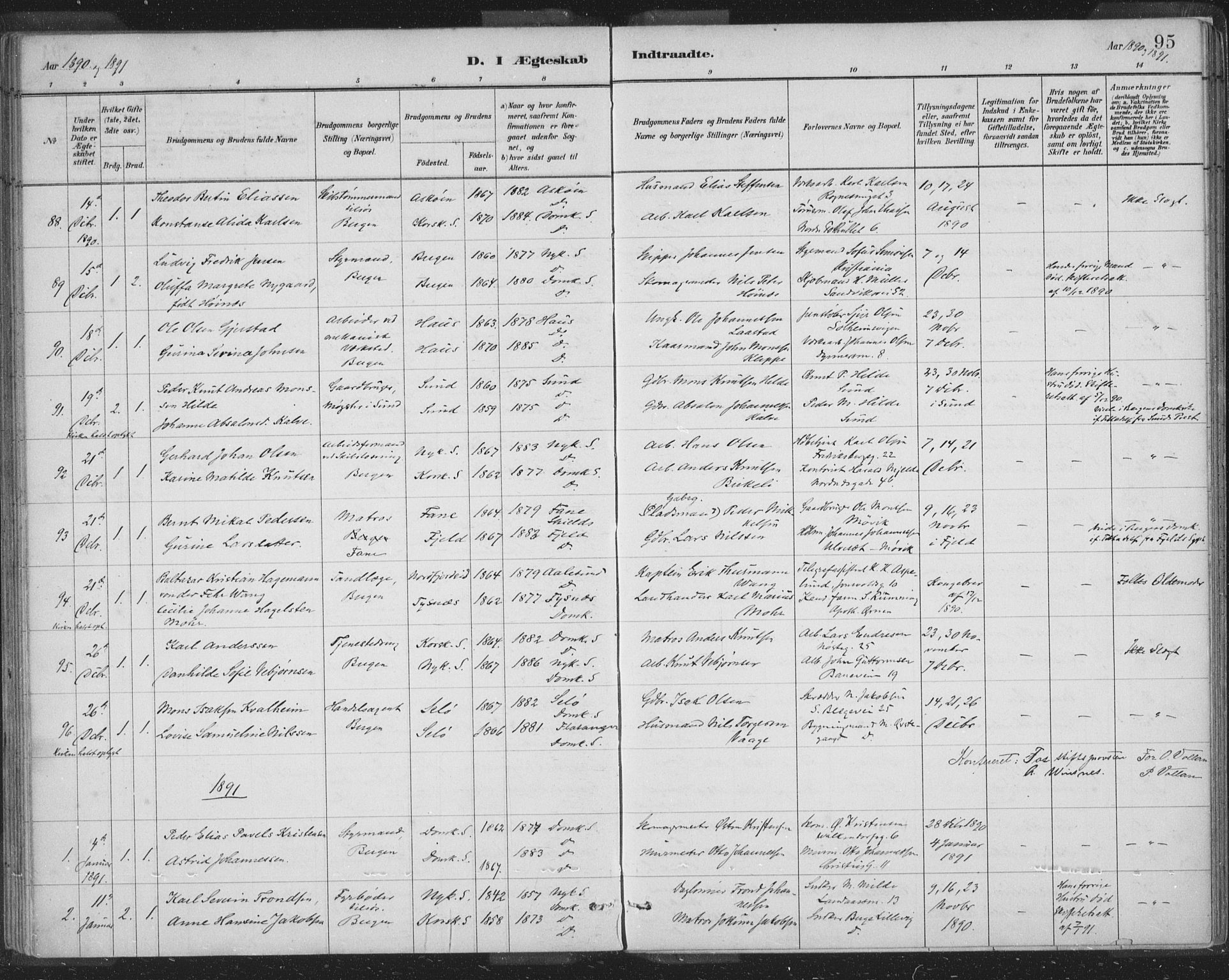 Domkirken sokneprestembete, SAB/A-74801/H/Hab/L0032: Parish register (copy) no. D 4, 1880-1907, p. 95