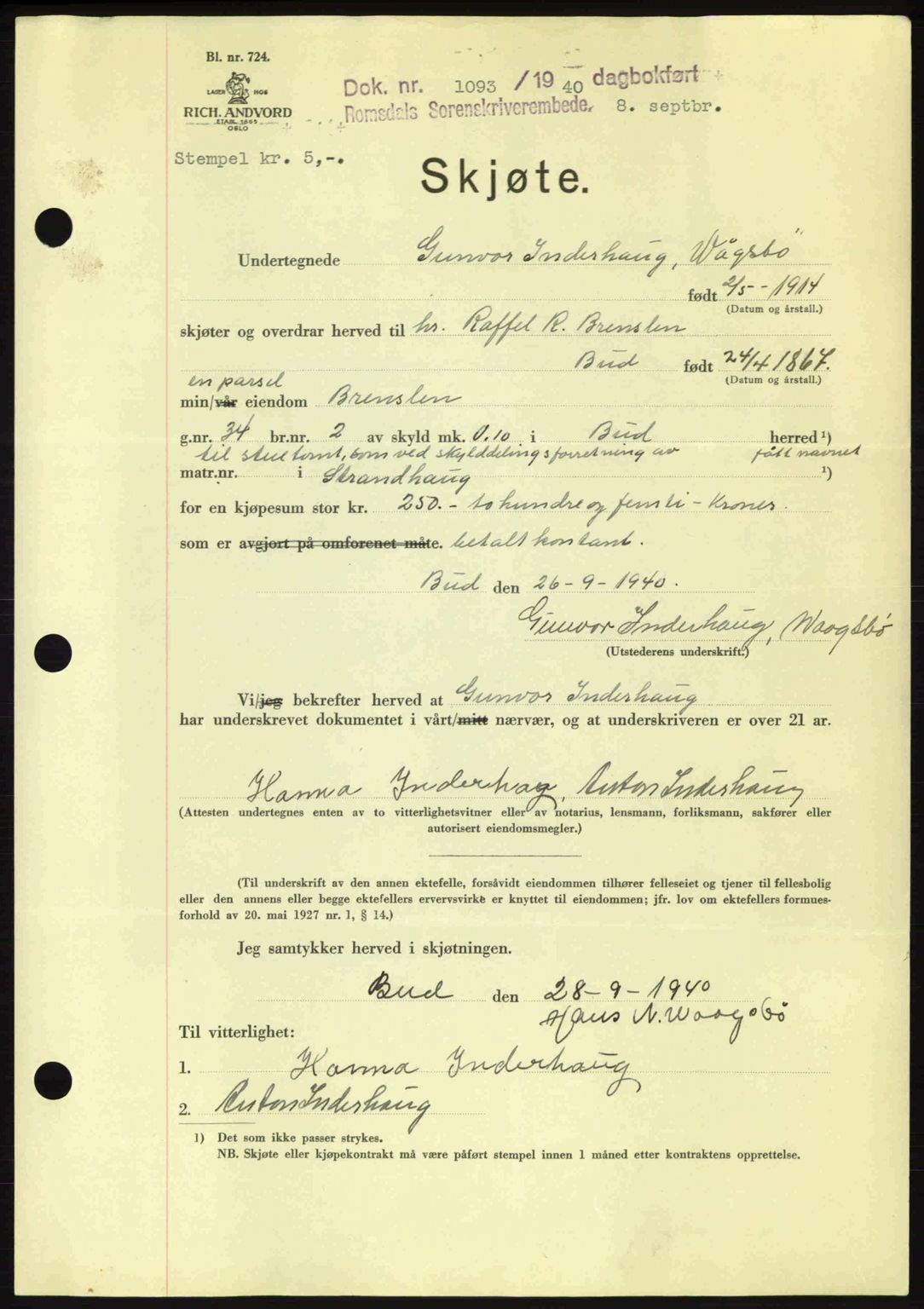 Romsdal sorenskriveri, AV/SAT-A-4149/1/2/2C: Mortgage book no. A8, 1939-1940, Diary no: : 1093/1940