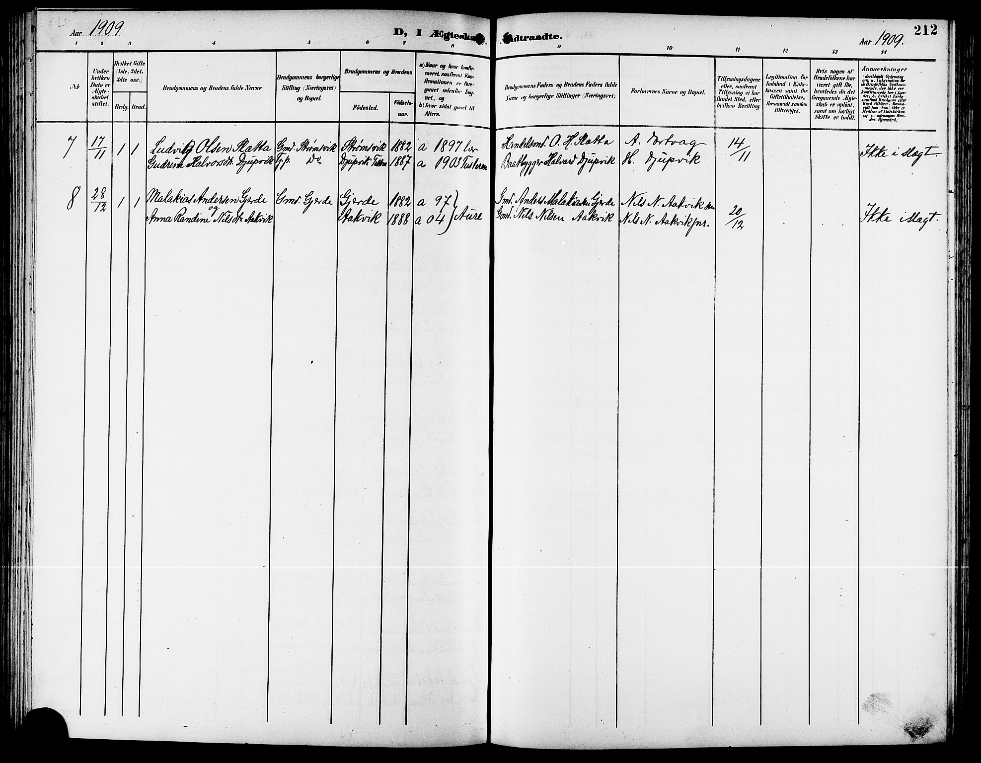 Ministerialprotokoller, klokkerbøker og fødselsregistre - Møre og Romsdal, AV/SAT-A-1454/578/L0910: Parish register (copy) no. 578C03, 1900-1921, p. 212