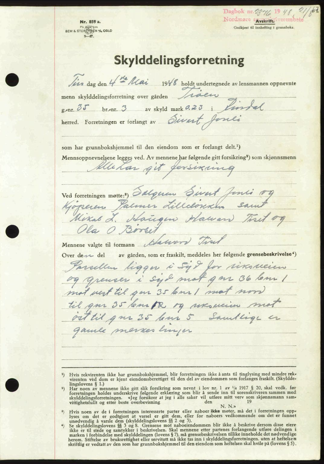 Nordmøre sorenskriveri, AV/SAT-A-4132/1/2/2Ca: Mortgage book no. A109, 1948-1948, Diary no: : 2376/1948