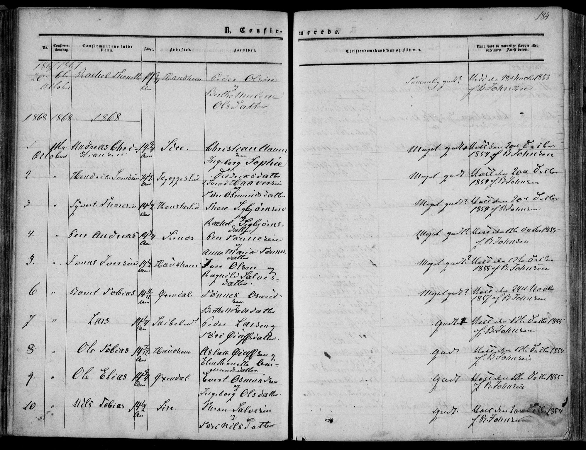 Bakke sokneprestkontor, SAK/1111-0002/F/Fa/Faa/L0006: Parish register (official) no. A 6, 1855-1877, p. 184