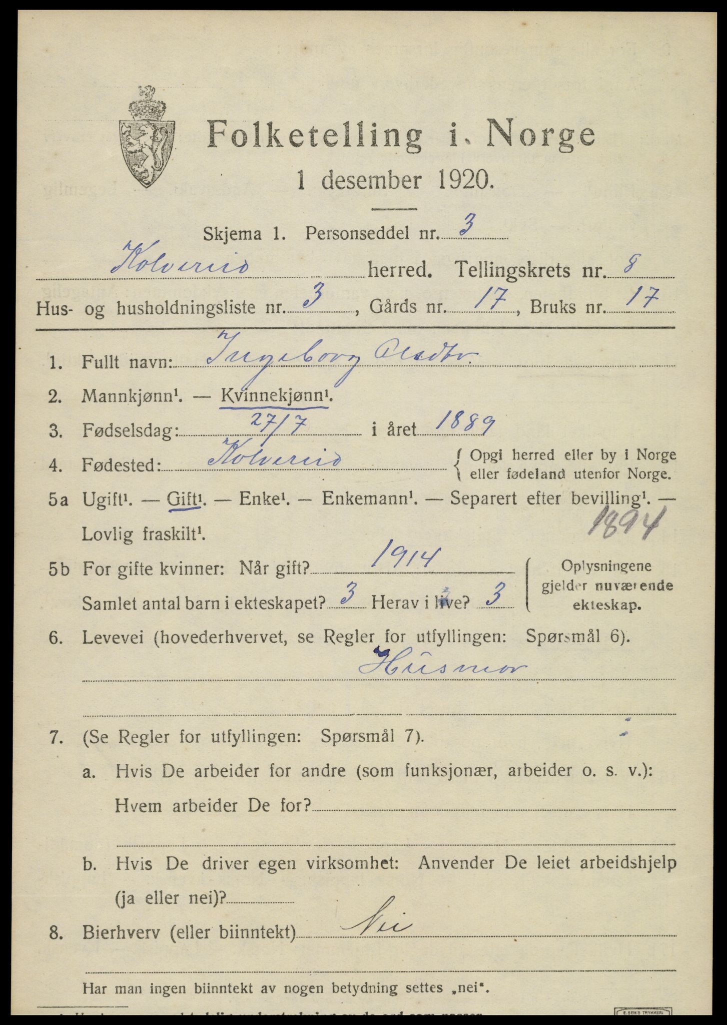 SAT, 1920 census for Kolvereid, 1920, p. 5109