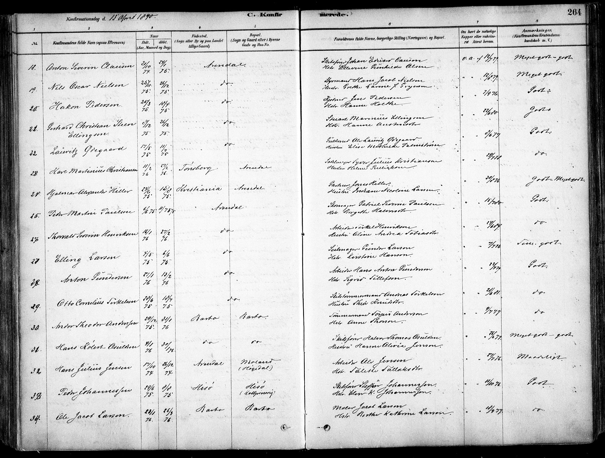 Arendal sokneprestkontor, Trefoldighet, AV/SAK-1111-0040/F/Fa/L0008: Parish register (official) no. A 8, 1878-1899, p. 264