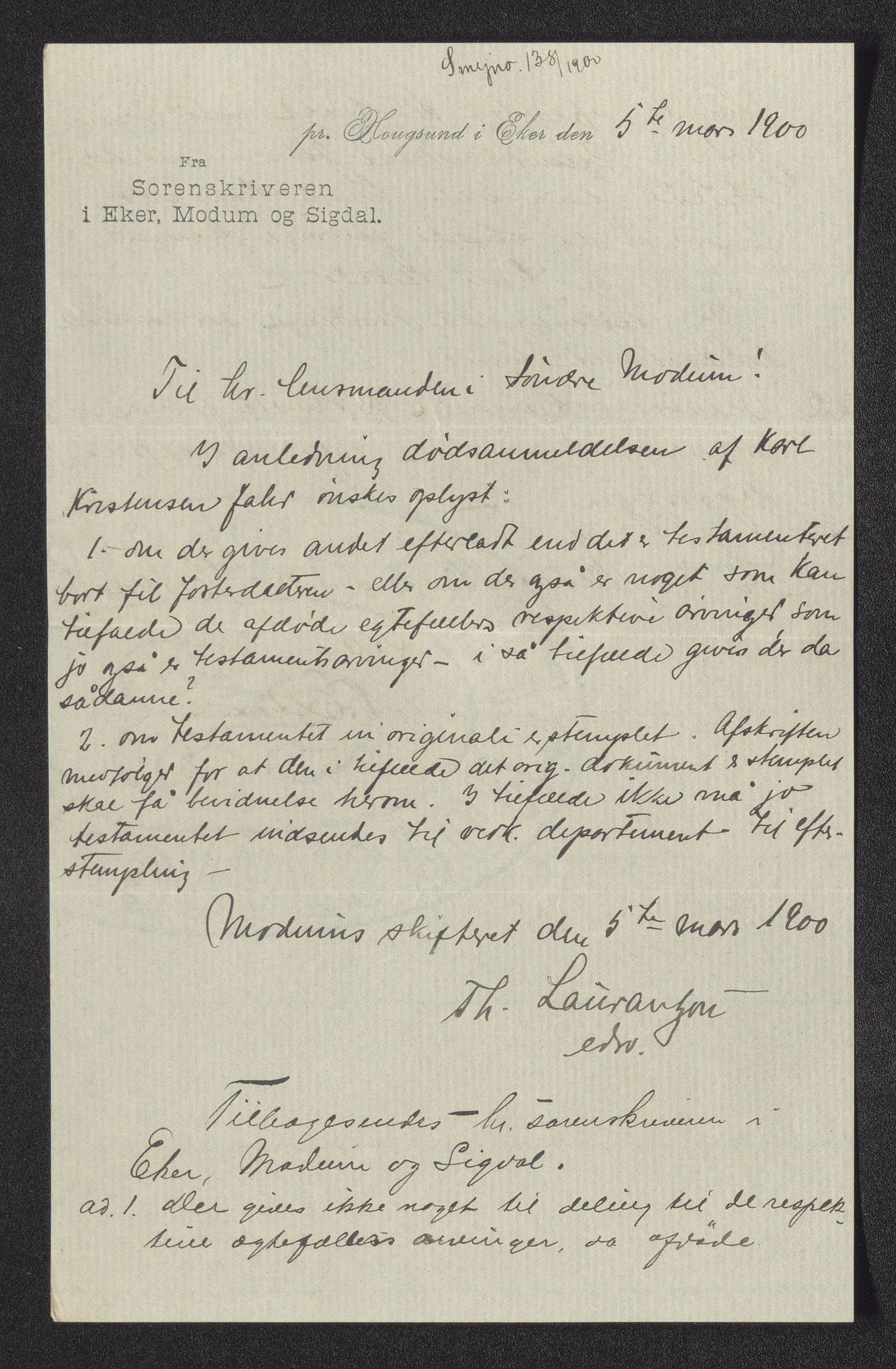 Eiker, Modum og Sigdal sorenskriveri, AV/SAKO-A-123/H/Ha/Hab/L0027: Dødsfallsmeldinger, 1900, p. 251