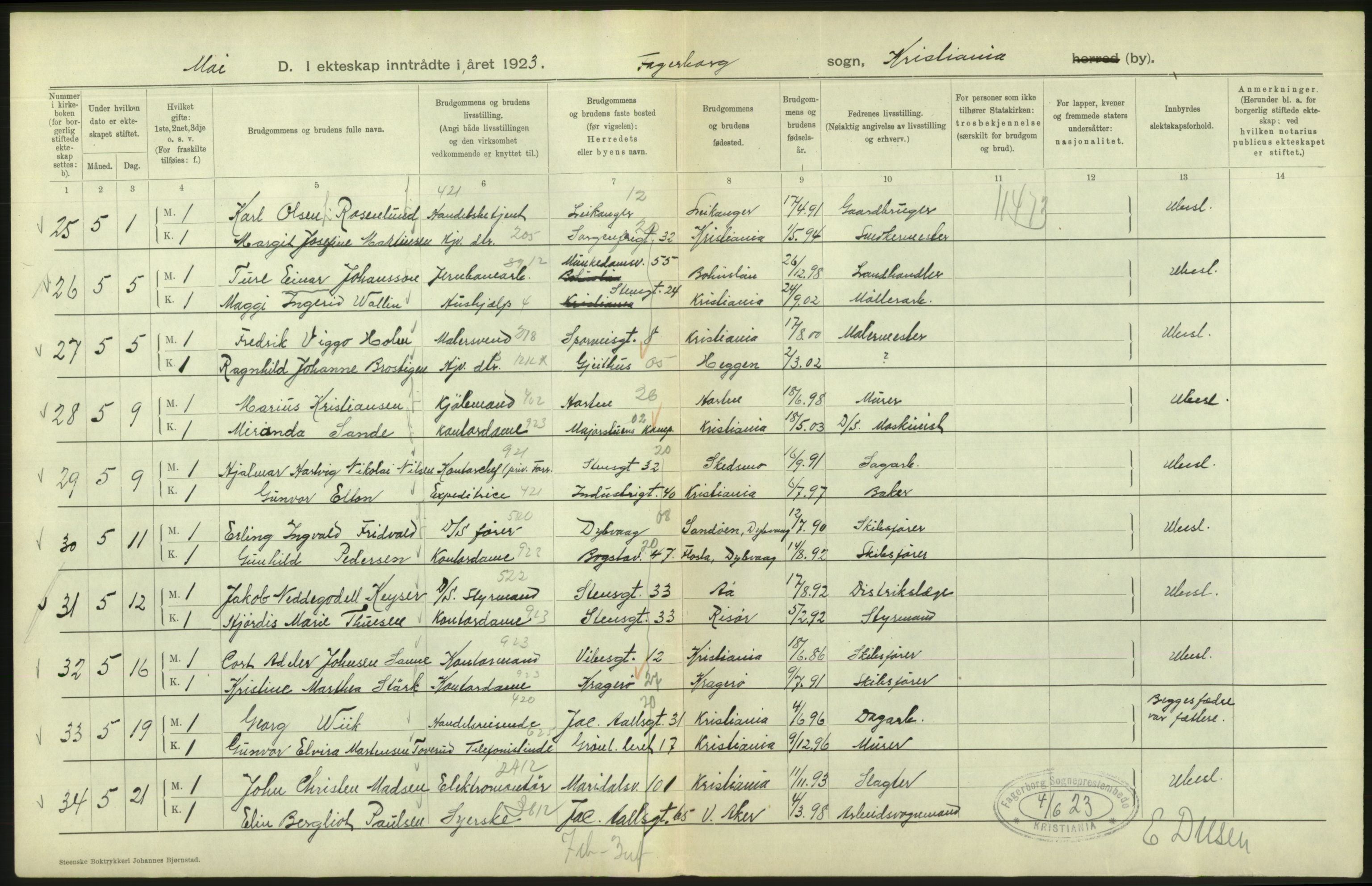 Statistisk sentralbyrå, Sosiodemografiske emner, Befolkning, AV/RA-S-2228/D/Df/Dfc/Dfcc/L0008: Kristiania: Gifte, 1923, p. 346