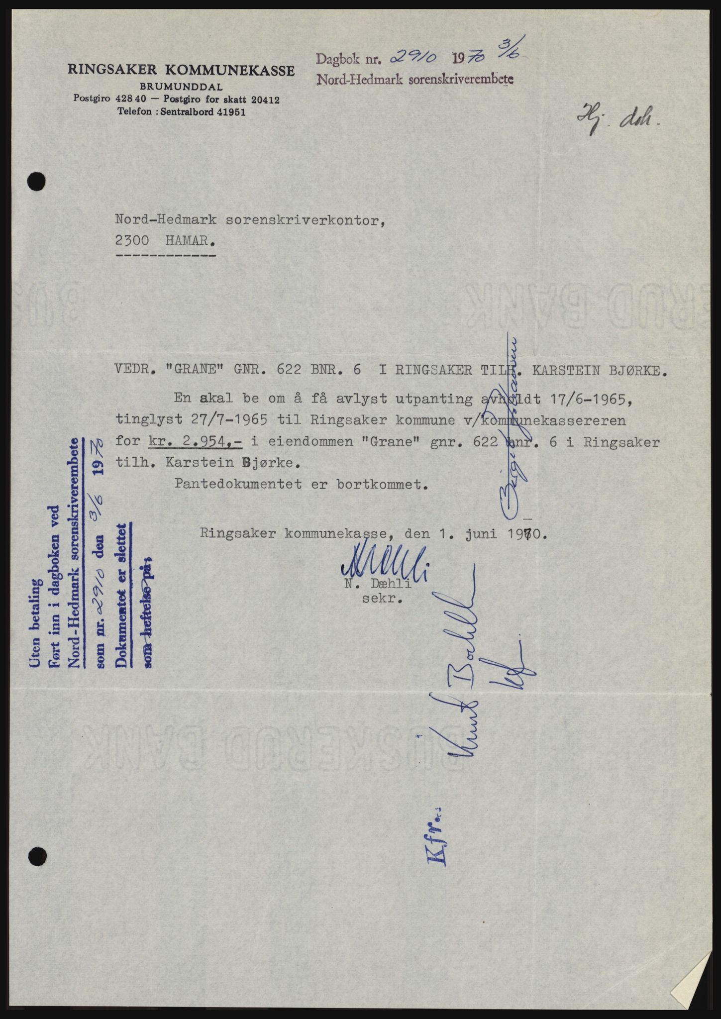 Nord-Hedmark sorenskriveri, SAH/TING-012/H/Hc/L0033: Mortgage book no. 33, 1970-1970, Diary no: : 2910/1970