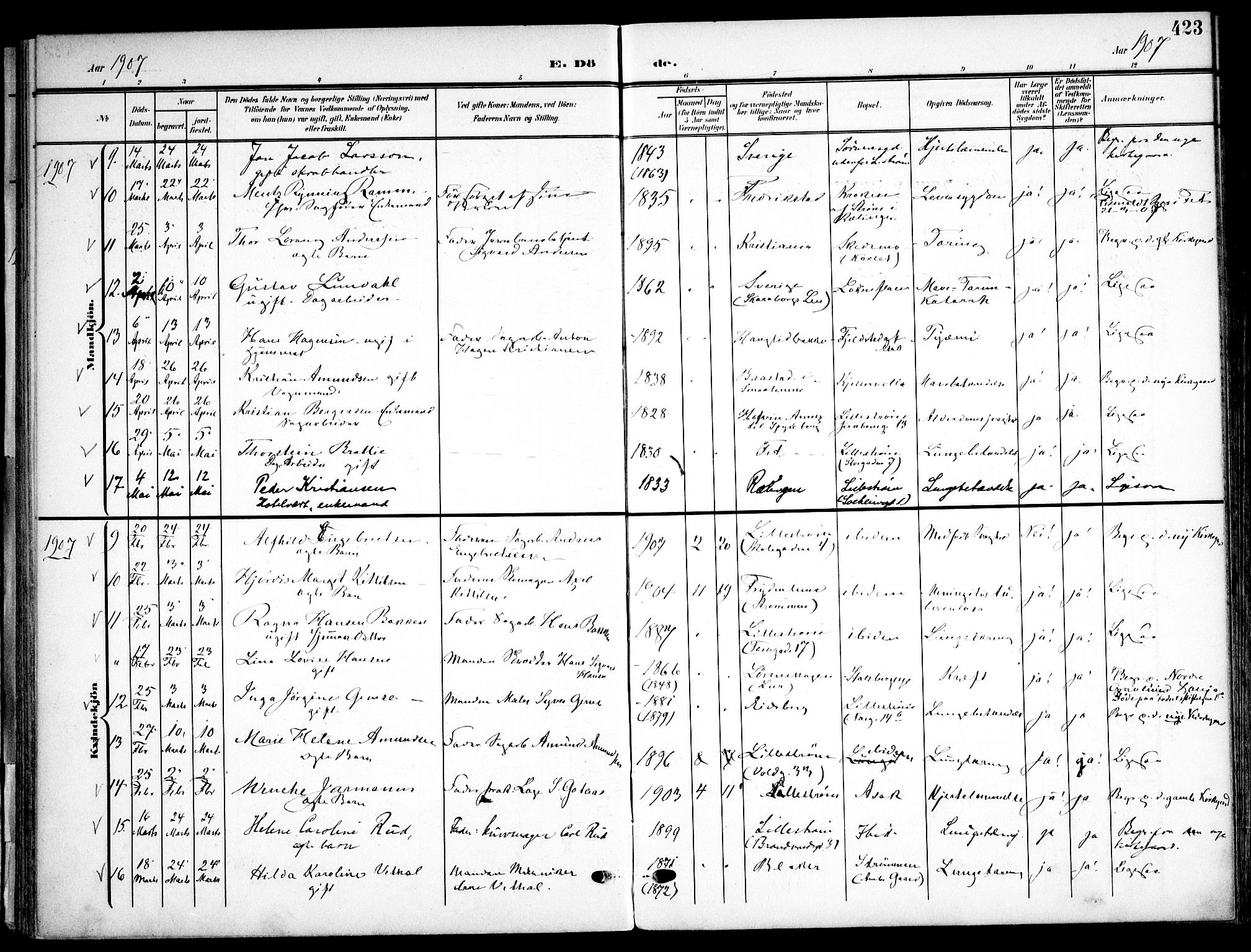 Skedsmo prestekontor Kirkebøker, SAO/A-10033a/F/Fa/L0015: Parish register (official) no. I 15, 1902-1917, p. 423