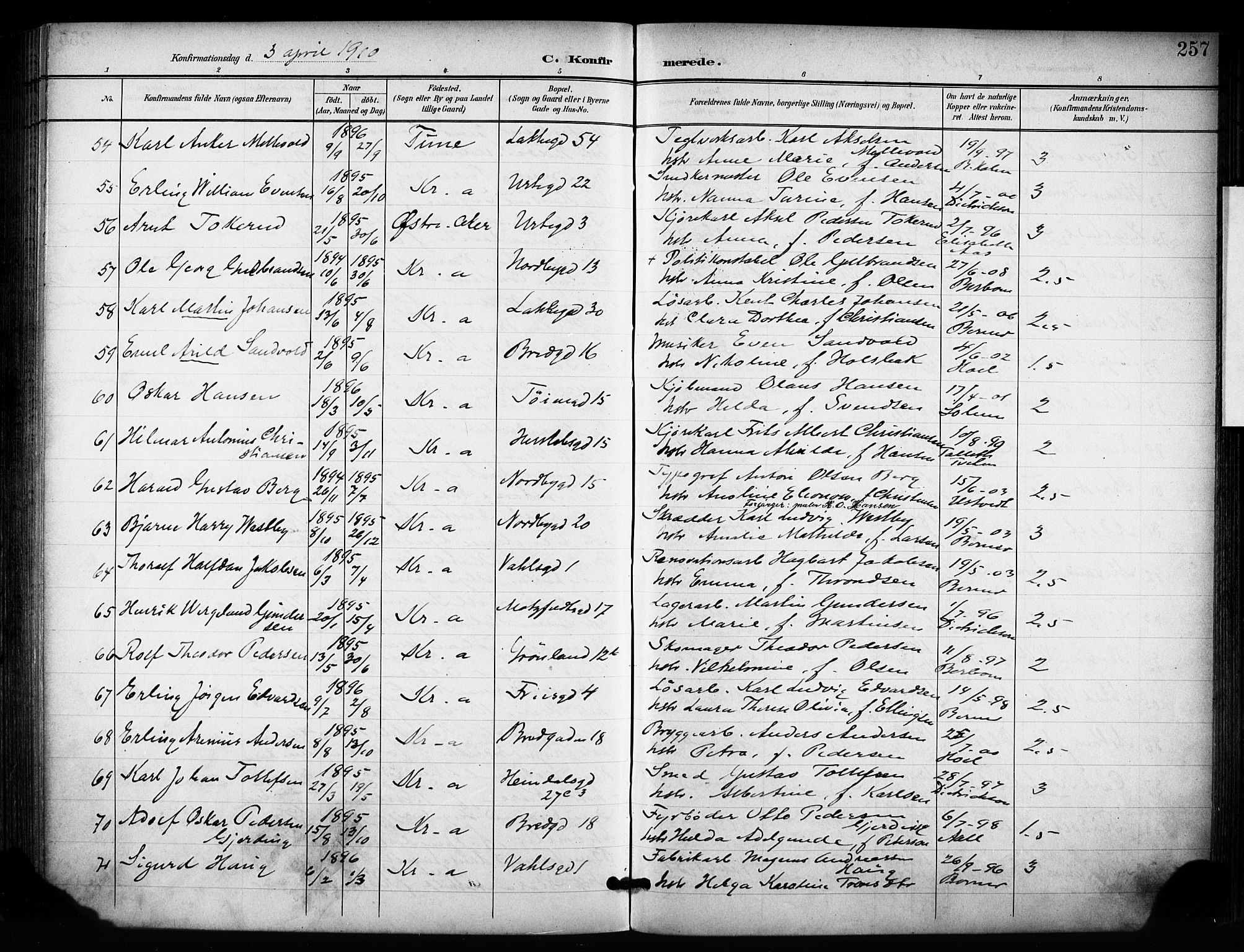 Grønland prestekontor Kirkebøker, AV/SAO-A-10848/F/Fa/L0015: Parish register (official) no. 15, 1899-1919, p. 257