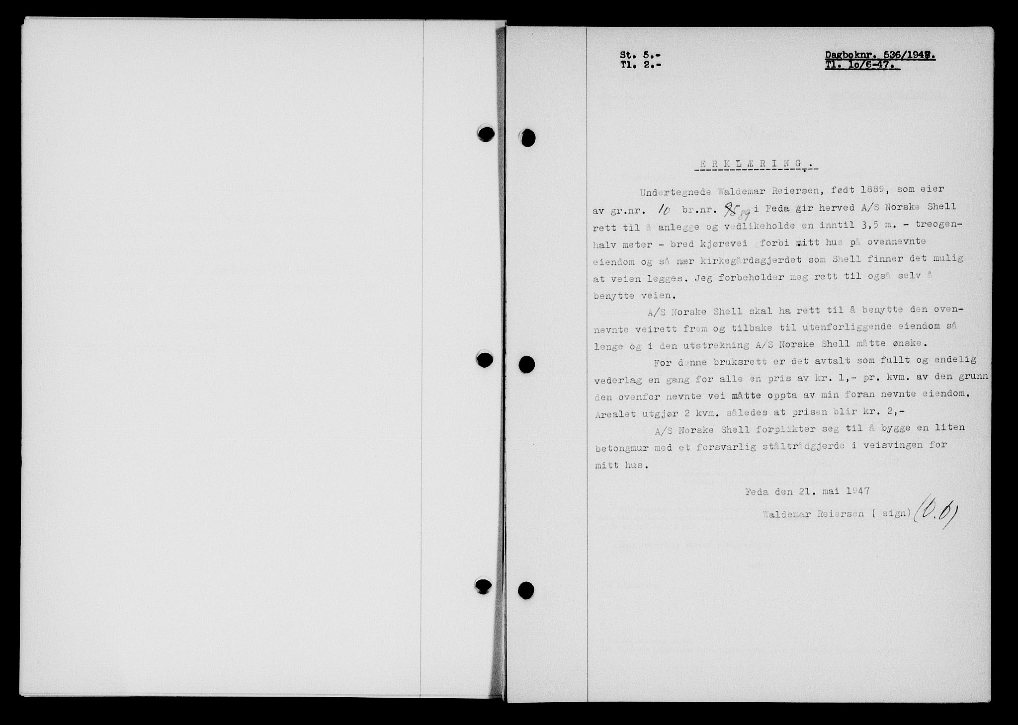 Flekkefjord sorenskriveri, SAK/1221-0001/G/Gb/Gba/L0062: Mortgage book no. A-10, 1947-1947, Diary no: : 536/1947