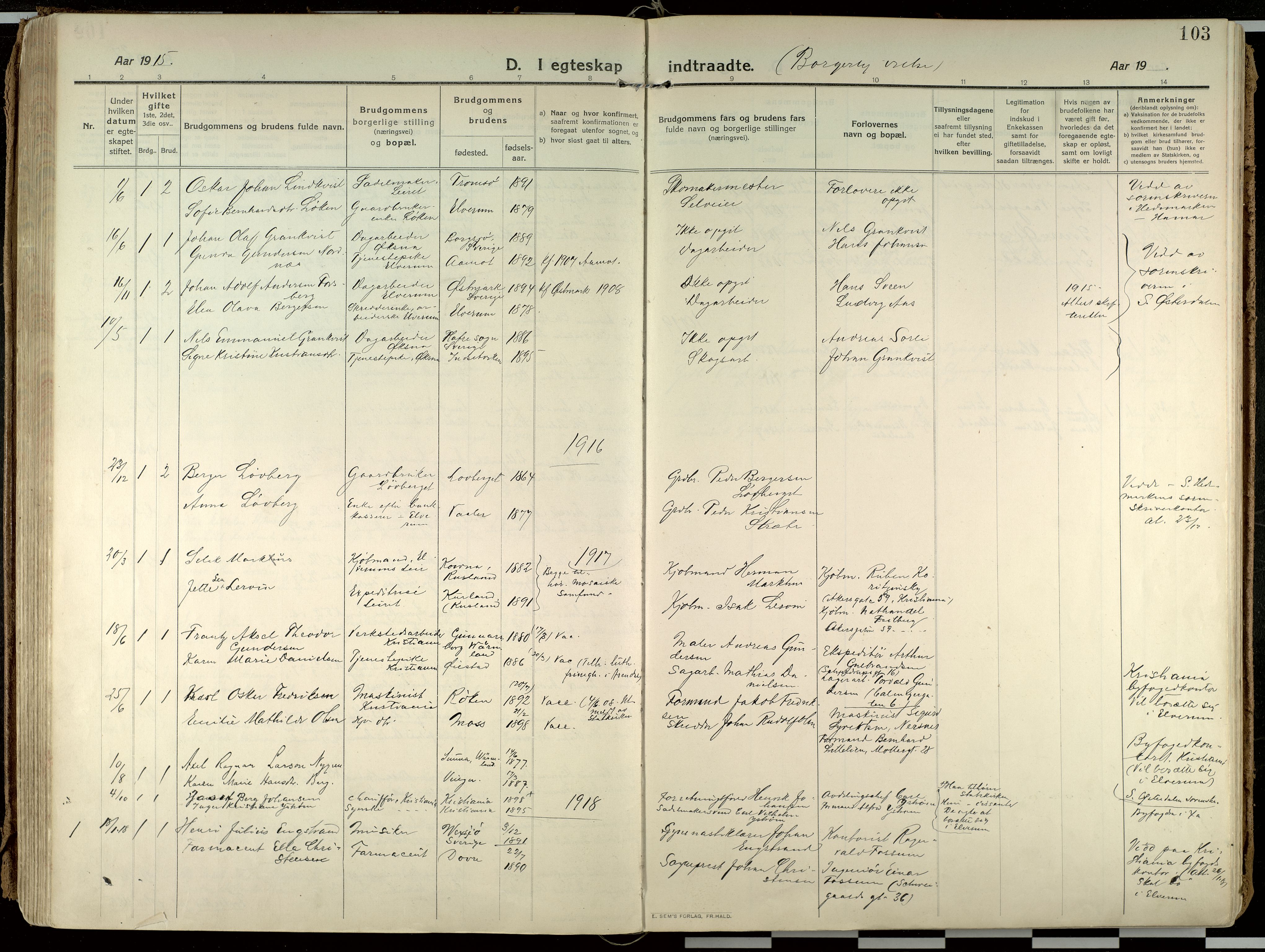 Elverum prestekontor, SAH/PREST-044/H/Ha/Haa/L0021: Parish register (official) no. 21, 1913-1928, p. 103