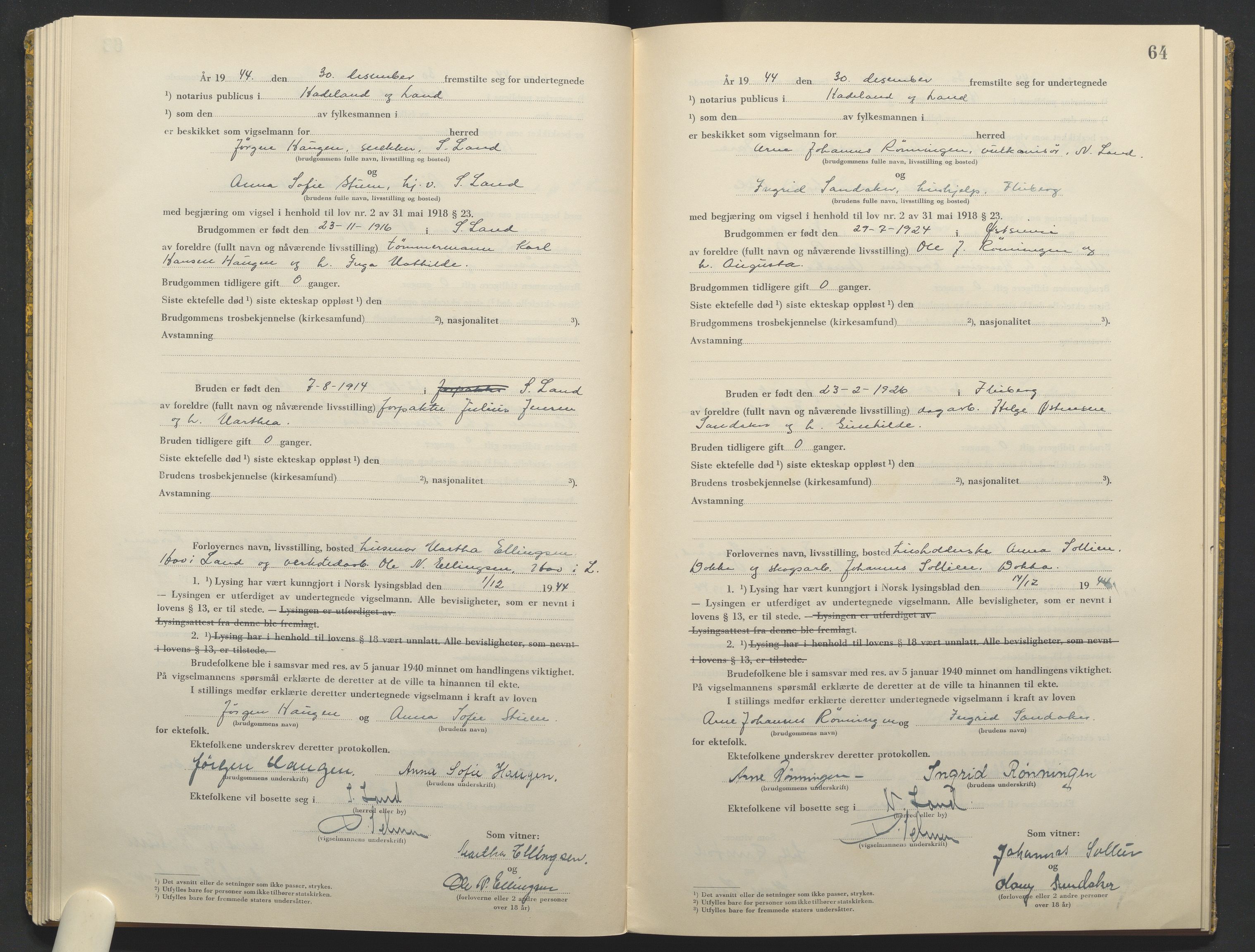Hadeland og Land tingrett, AV/SAH-TING-010/L/Lb/L0003: Vigselbok, 1944-1946, p. 64