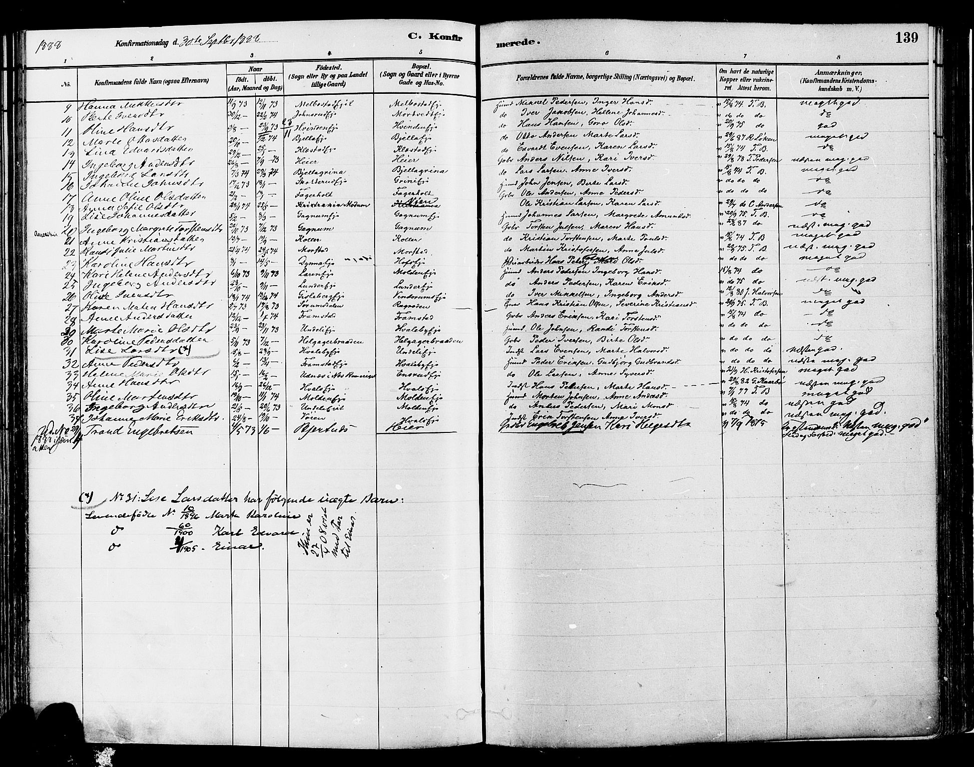 Gran prestekontor, SAH/PREST-112/H/Ha/Haa/L0014: Parish register (official) no. 14, 1880-1889, p. 139