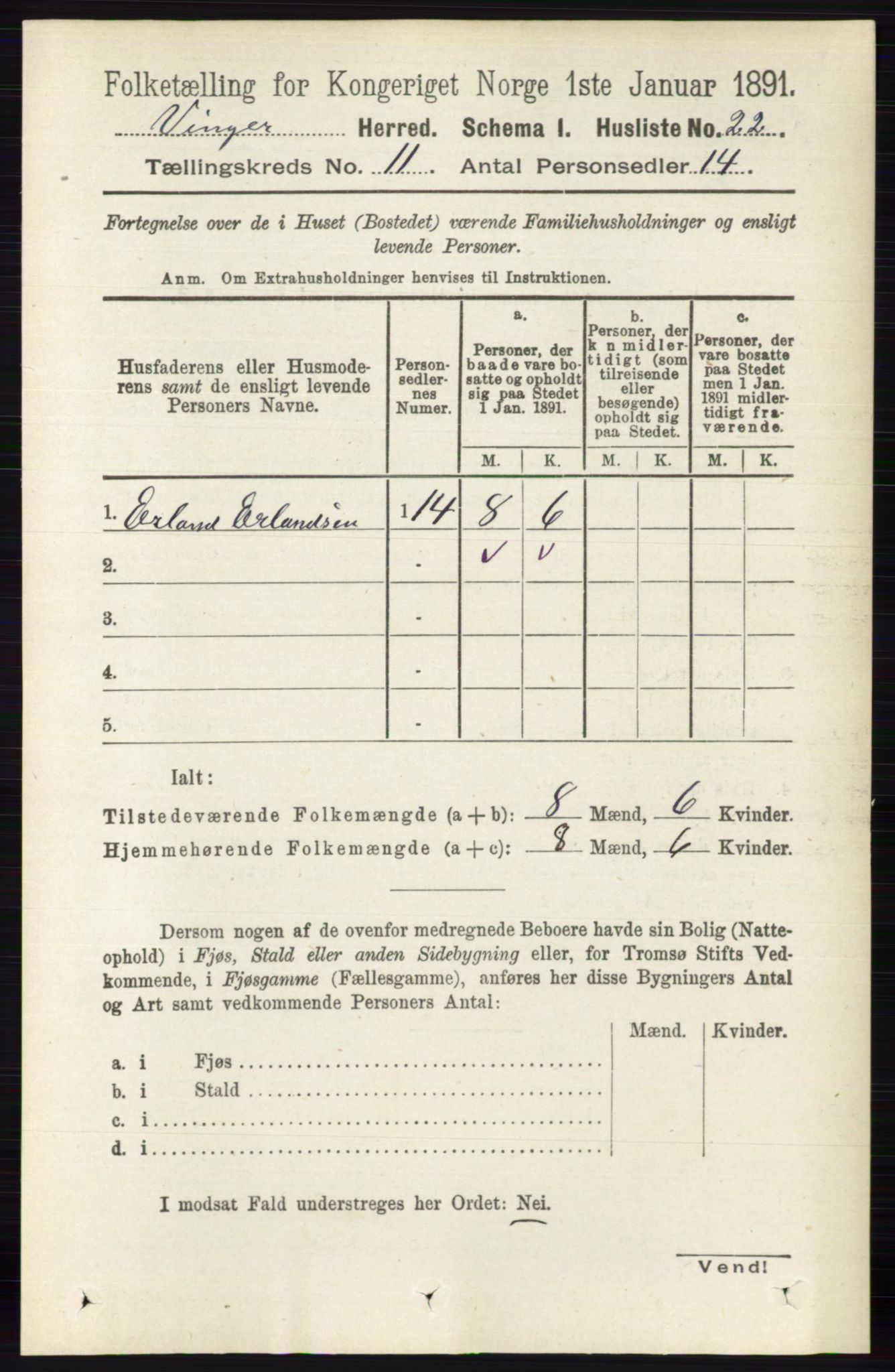 RA, 1891 census for 0421 Vinger, 1891, p. 5303