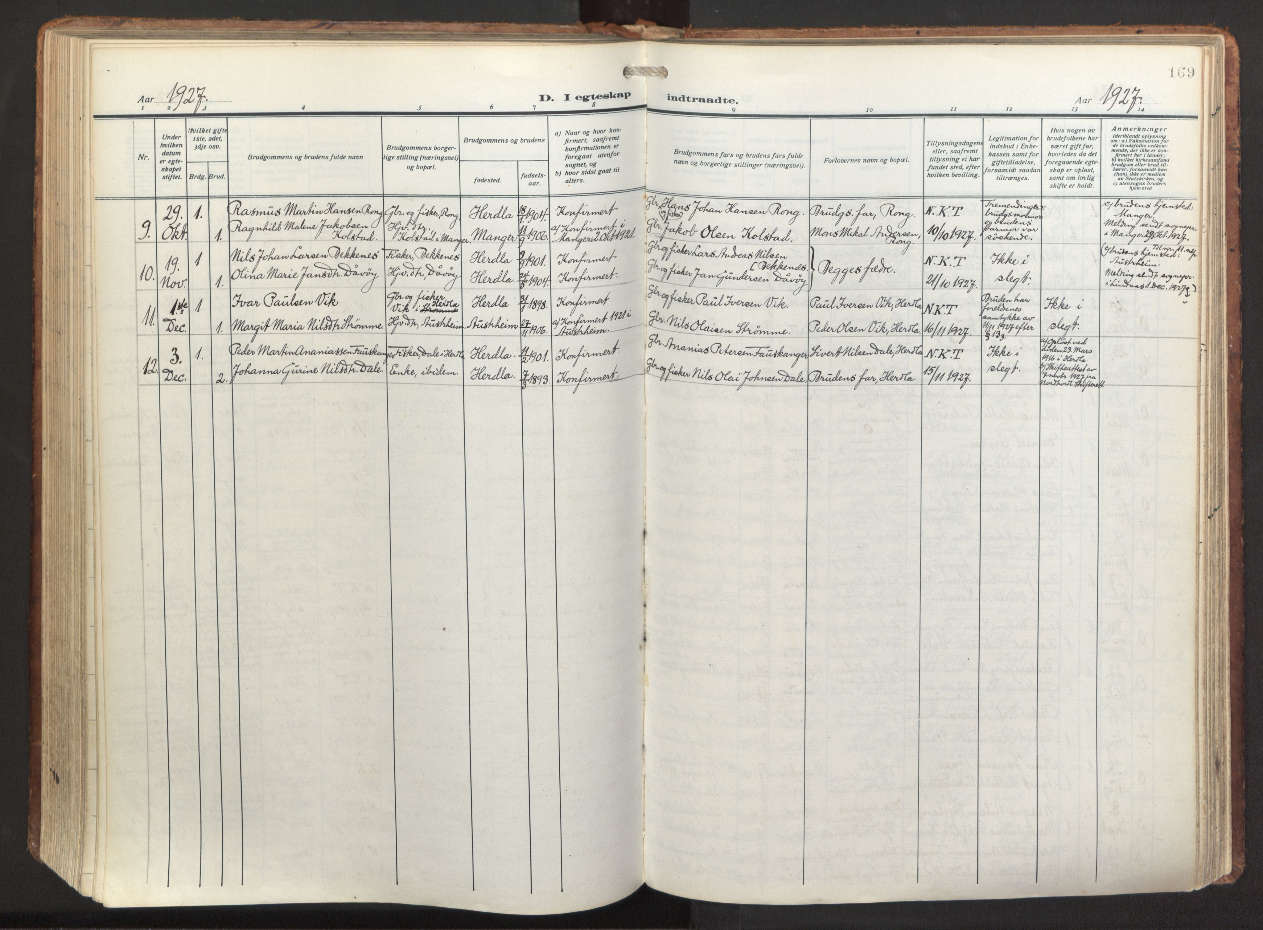 Herdla Sokneprestembete, AV/SAB-A-75701/H/Haa: Parish register (official) no. A 6, 1918-1933, p. 169