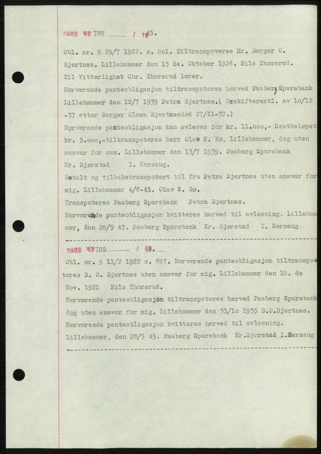 Sør-Gudbrandsdal tingrett, SAH/TING-004/H/Hb/Hbf/L0002: Mortgage book no. C1, 1938-1951, Diary no: : 788/1945