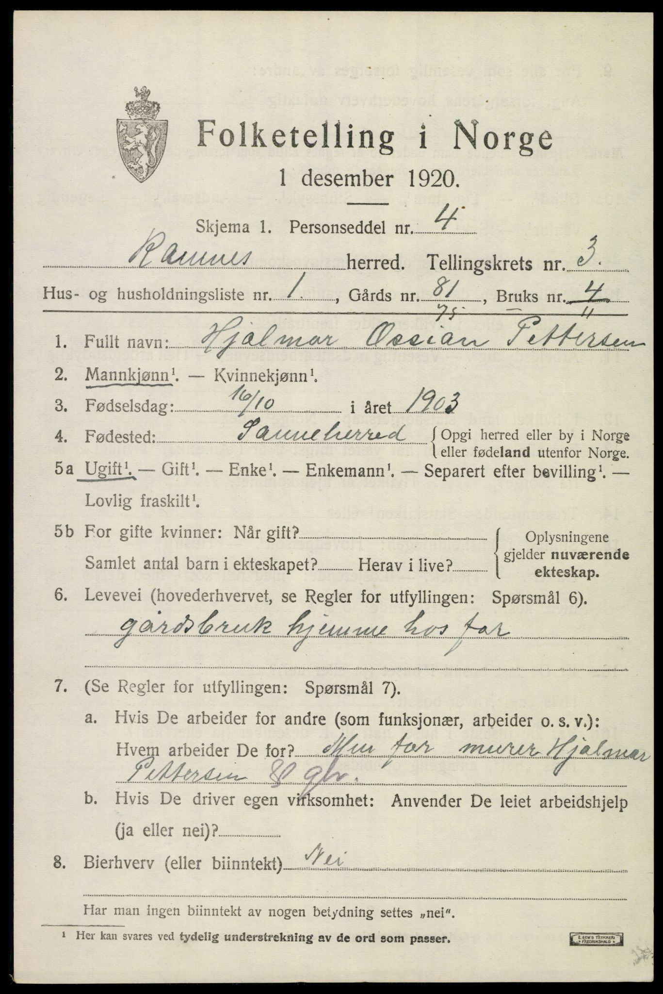 SAKO, 1920 census for Ramnes, 1920, p. 3246