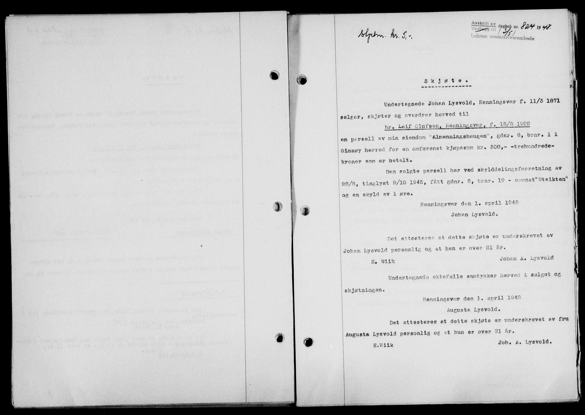 Lofoten sorenskriveri, SAT/A-0017/1/2/2C/L0018a: Mortgage book no. 18a, 1948-1948, Diary no: : 824/1948