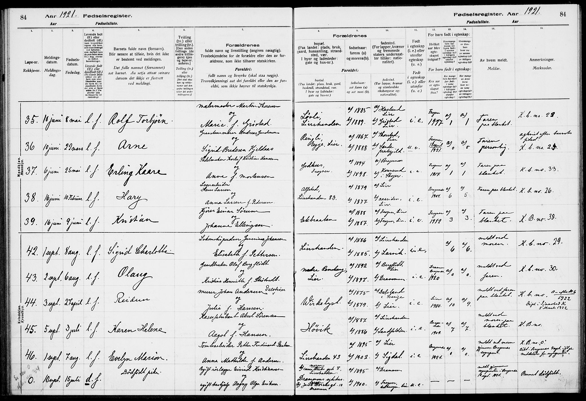 Lier kirkebøker, AV/SAKO-A-230/J/Ja/L0001: Birth register no. 1, 1916-1928, p. 84
