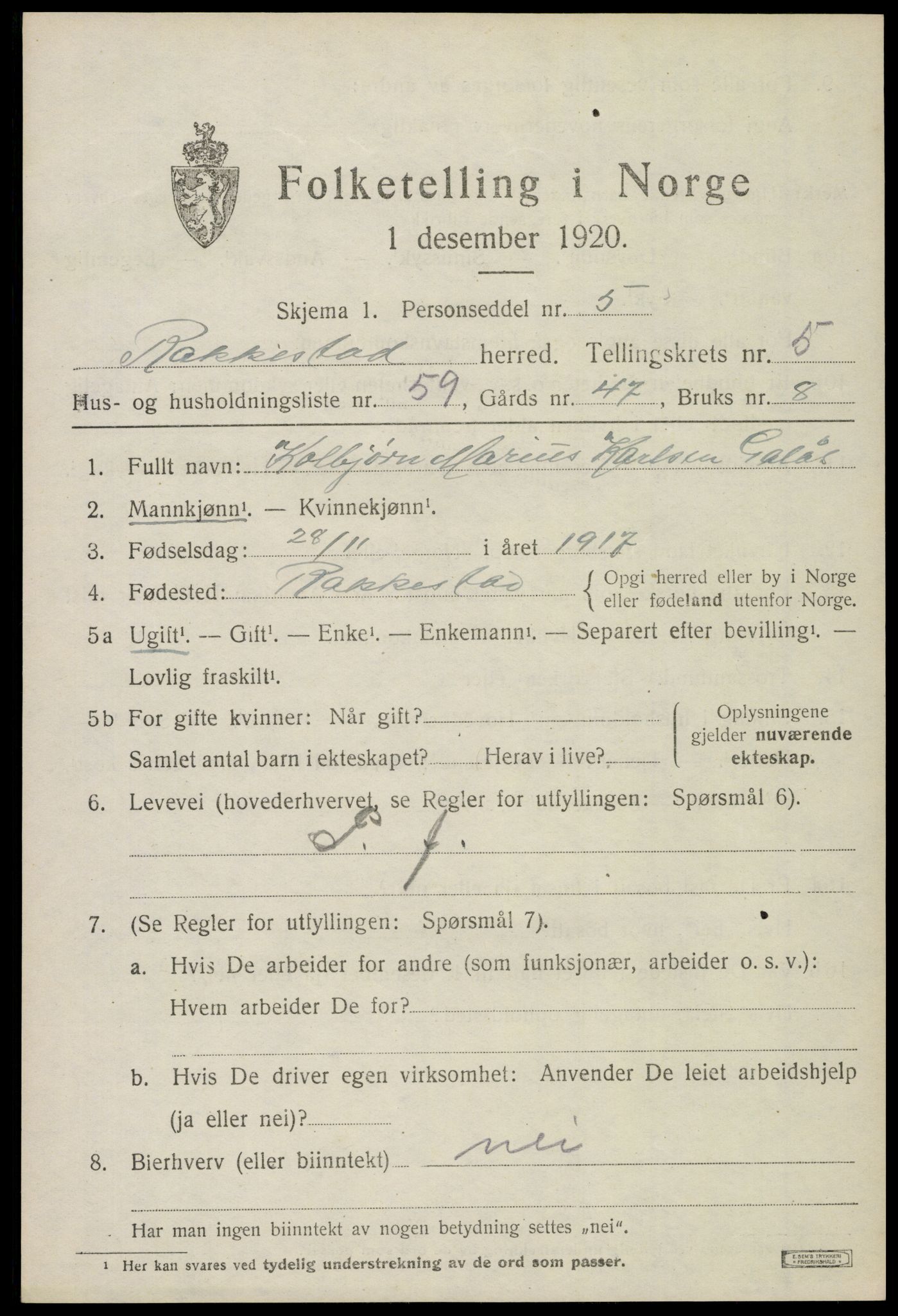 SAO, 1920 census for Rakkestad, 1920, p. 6639