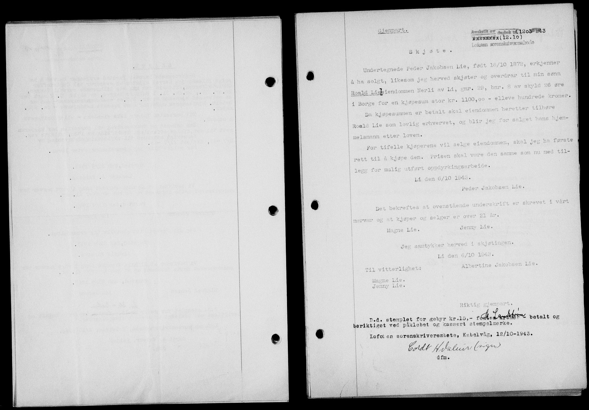 Lofoten sorenskriveri, SAT/A-0017/1/2/2C/L0011a: Mortgage book no. 11a, 1943-1943, Diary no: : 1203/1943