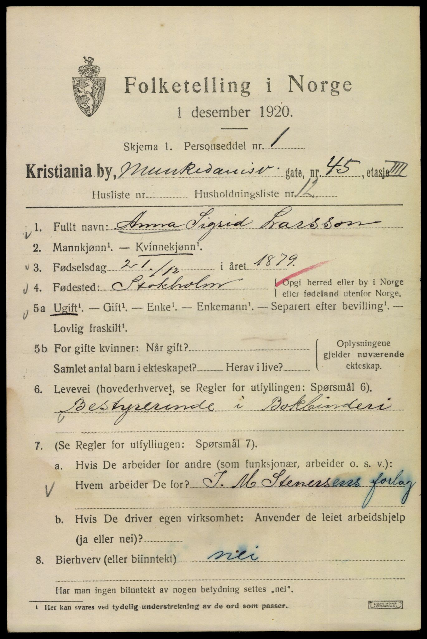 SAO, 1920 census for Kristiania, 1920, p. 402689