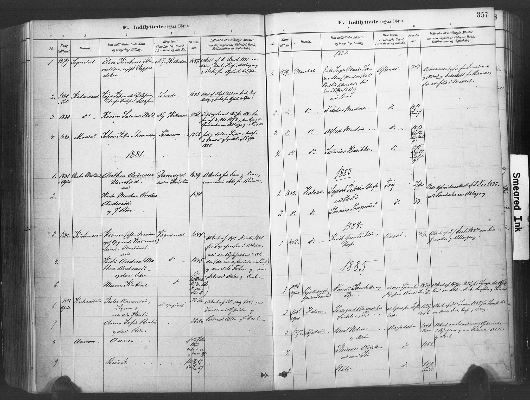 Søgne sokneprestkontor, SAK/1111-0037/F/Fa/Fab/L0012: Parish register (official) no. A 12, 1880-1891, p. 357
