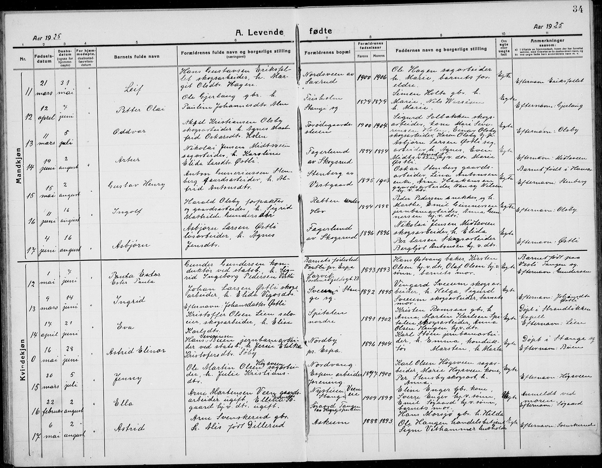 Stange prestekontor, SAH/PREST-002/L/L0017: Parish register (copy) no. 17, 1918-1936, p. 34