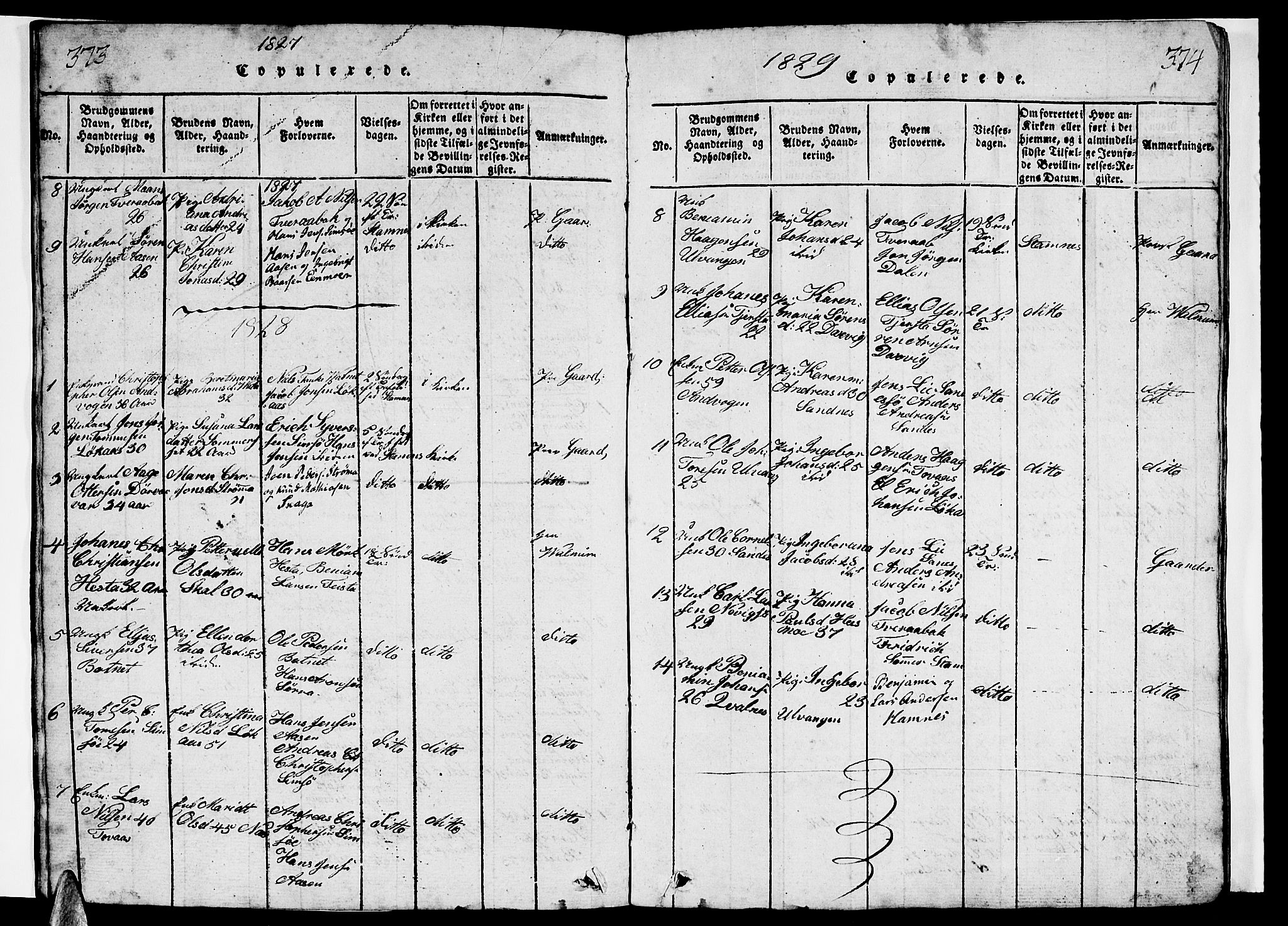 Ministerialprotokoller, klokkerbøker og fødselsregistre - Nordland, AV/SAT-A-1459/831/L0474: Parish register (copy) no. 831C01, 1820-1850, p. 373-374