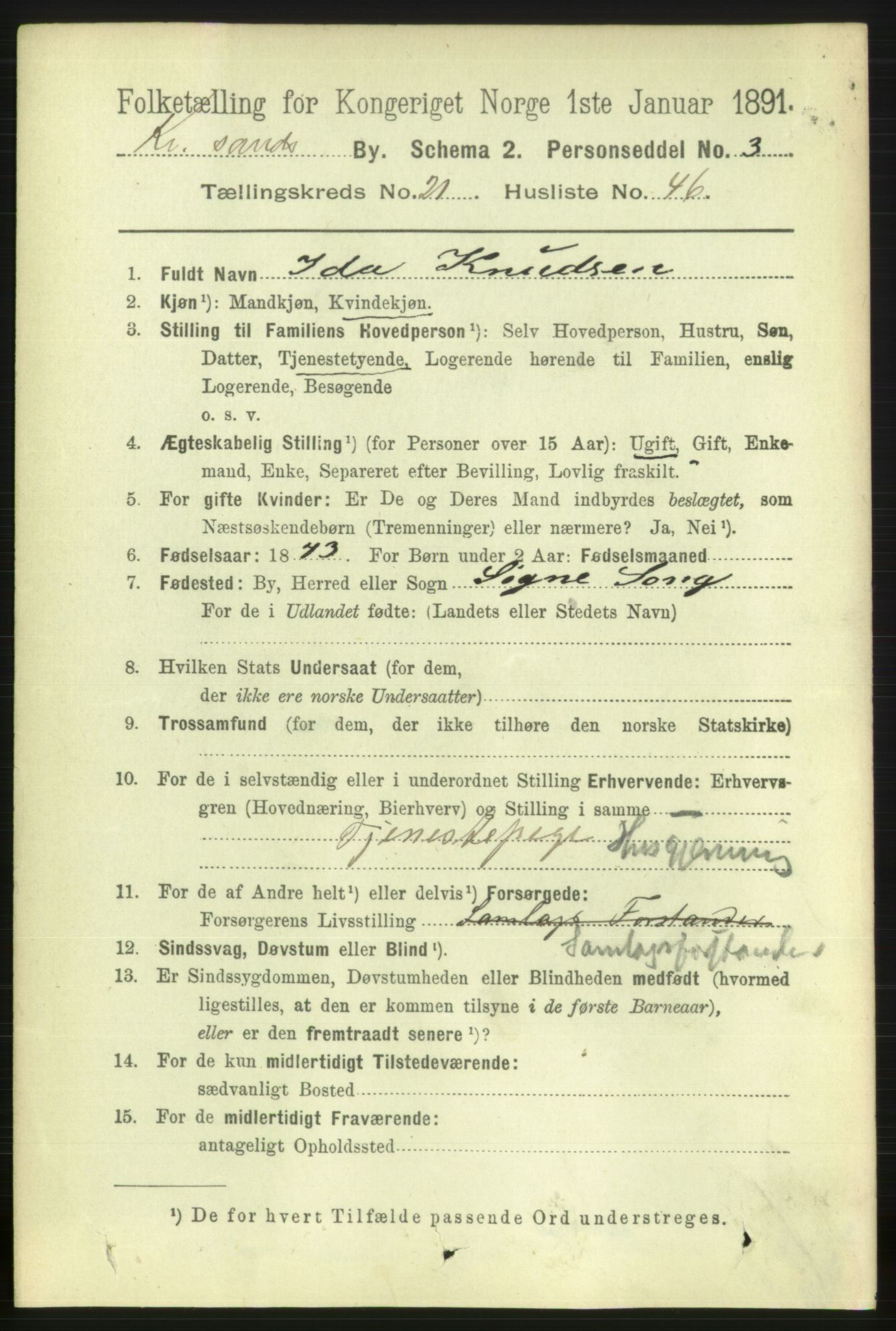 RA, 1891 census for 1001 Kristiansand, 1891, p. 8263