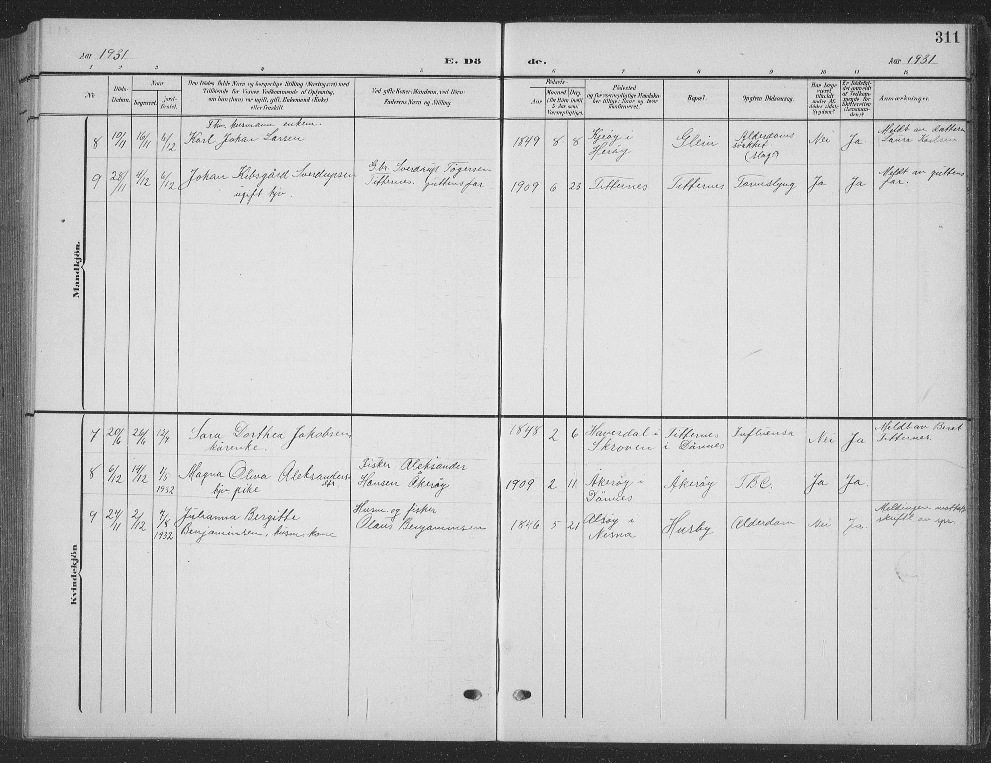 Ministerialprotokoller, klokkerbøker og fødselsregistre - Nordland, AV/SAT-A-1459/835/L0533: Parish register (copy) no. 835C05, 1906-1939, p. 311