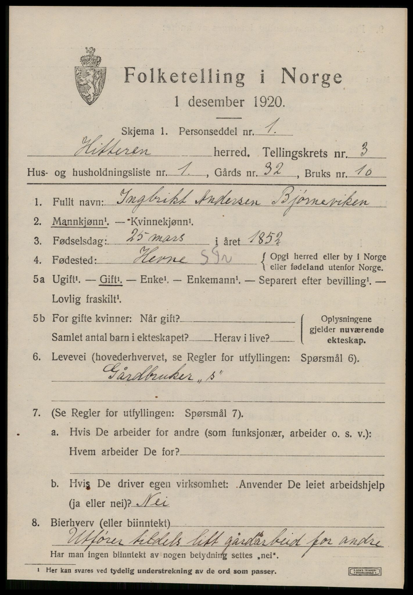 SAT, 1920 census for Hitra, 1920, p. 1161