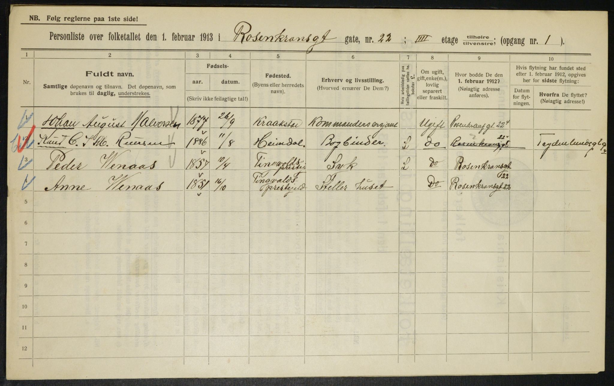 OBA, Municipal Census 1913 for Kristiania, 1913, p. 84020