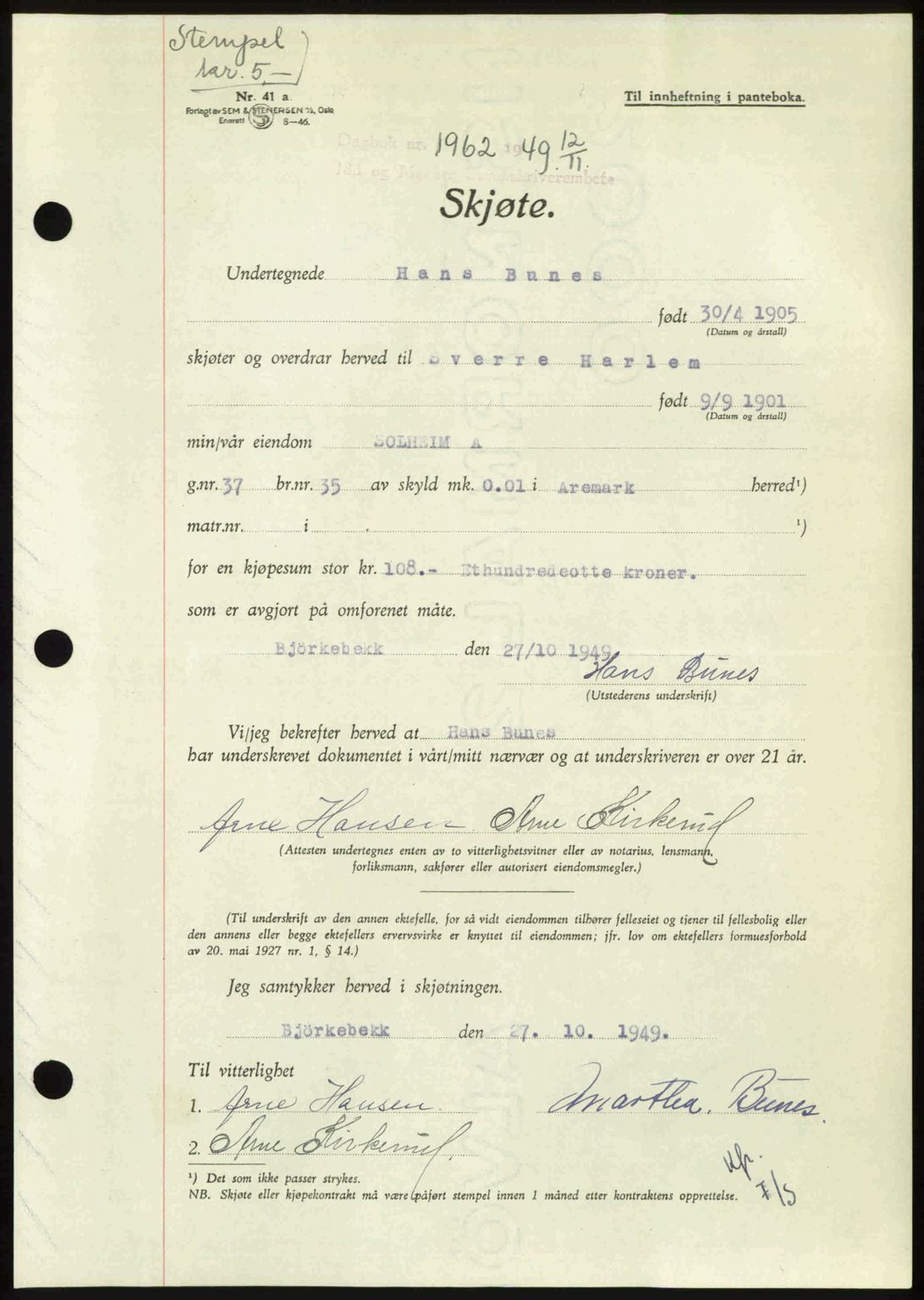 Idd og Marker sorenskriveri, AV/SAO-A-10283/G/Gb/Gbb/L0013: Mortgage book no. A13, 1949-1950, Diary no: : 1962/1949