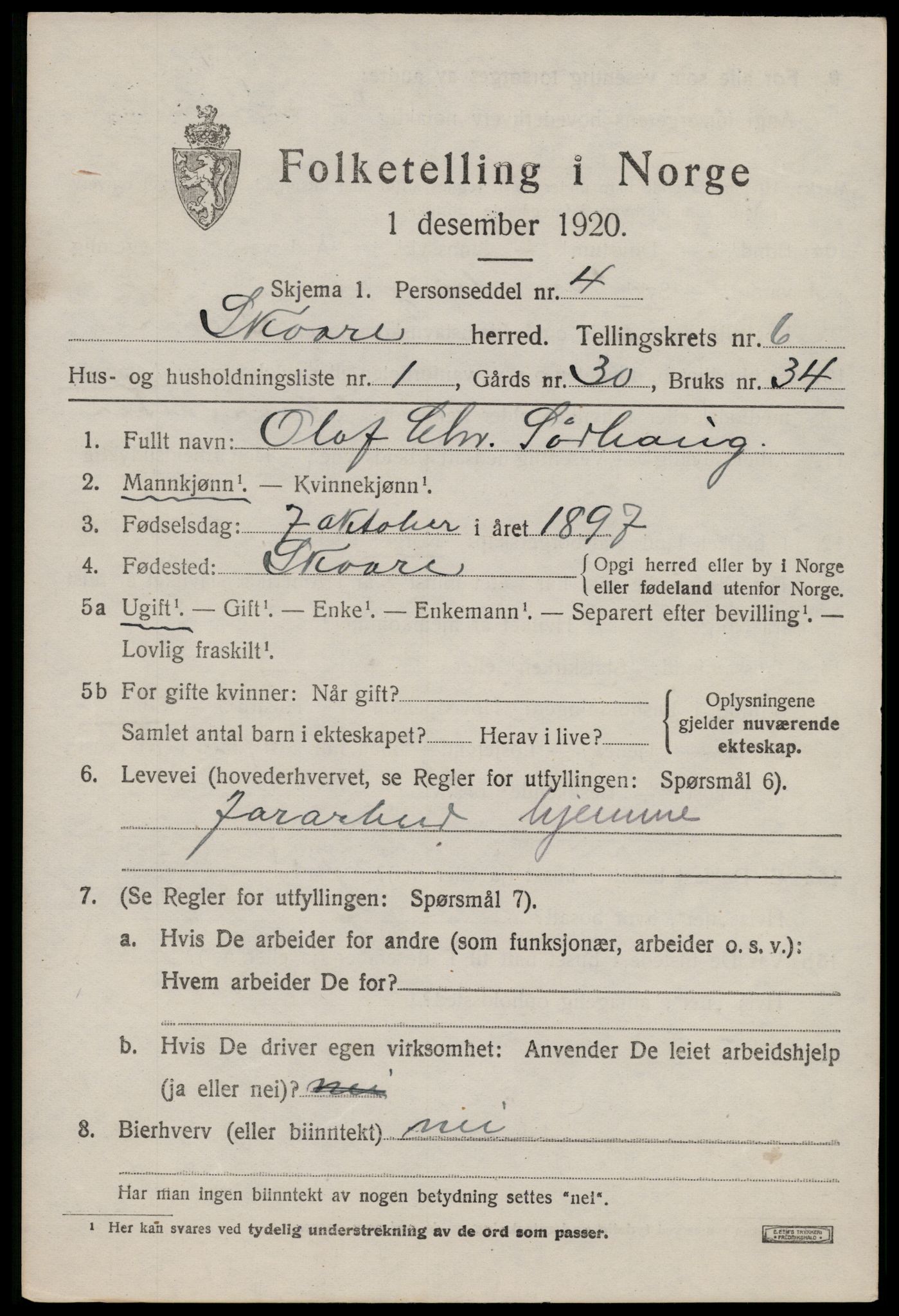 SAST, 1920 census for Skåre, 1920, p. 3734